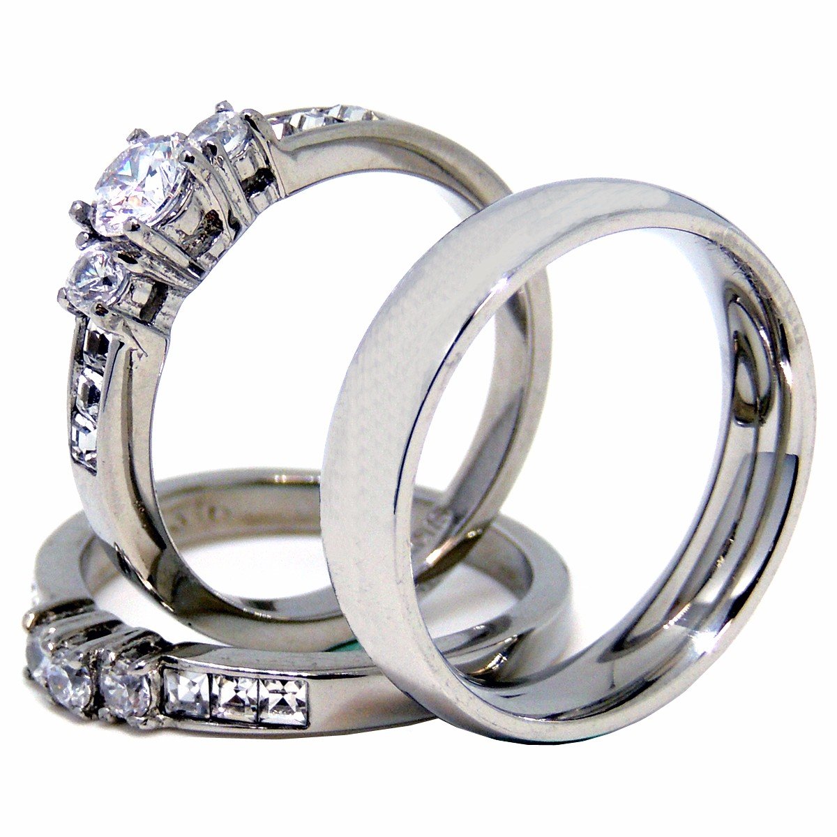 His & Hers Couple Rings Set - Stainless Steel Wedding Bands with CZ Stones - Matching Engagement Rings for Women & Men - Perfect for Anniversaries, Proposals & Romantic Gifts