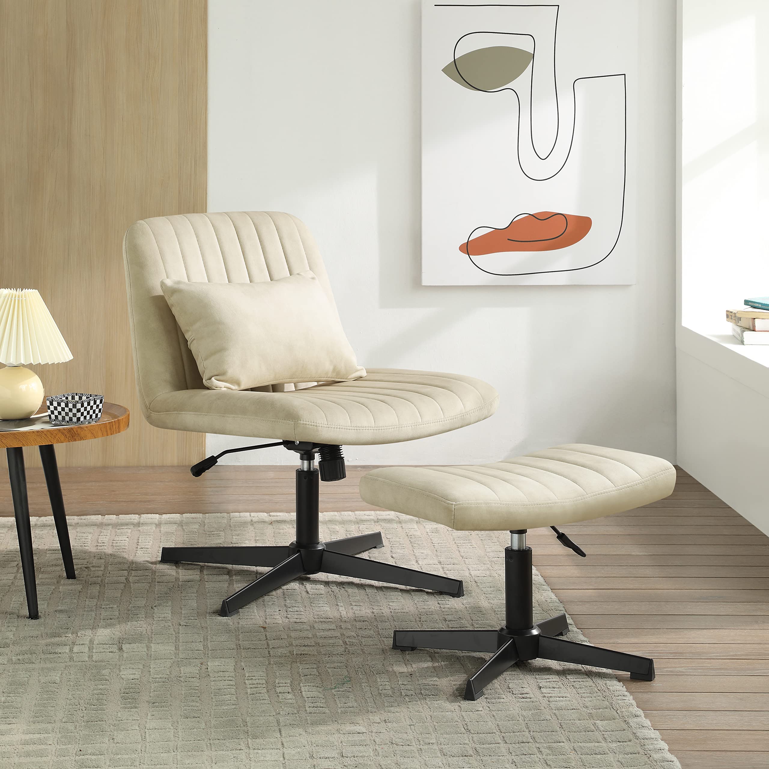 Zouron 360° Swivel Accent Chair with Ottoman - Adjustable Height Velvet Modern Tufted Wingback Club Chair, Upholstered Leisure Chair with Black Metal Legs for Office, Bedroom & Living Room - Perfect for Reading, Relaxing & Home Decor (Off-White)