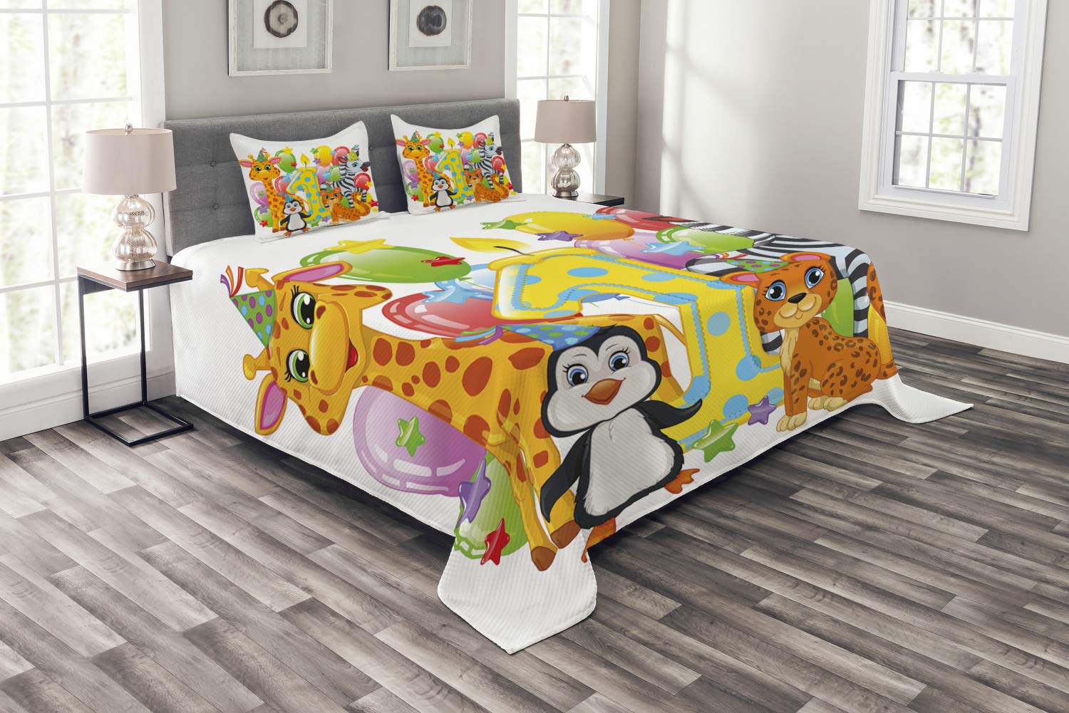 Ambesonne 1st Birthday Bedspread Set - Savannah Animal Theme with Zebra, Lion & Balloons - 3-Piece King Size Bedding Set with Colorful Print - Perfect for Birthday Parties, Nursery Decor & Photo Backdrops
