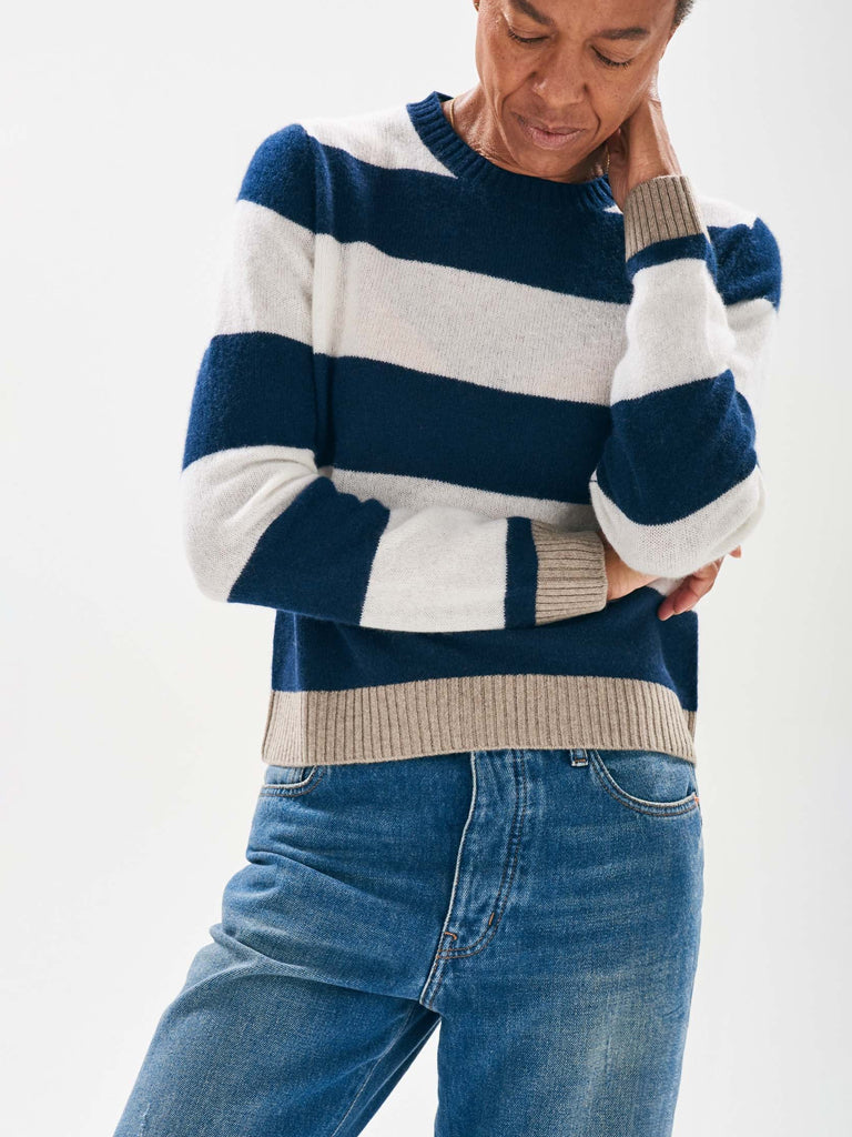 Navy & Brown Striped Crew Neck Jumper 1234 - Cozy Knit Sweater for Women | Perfect for Casual Outfits & Winter Layering