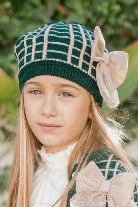 Stylish Bottle Green & Camel Check Knit Beret - Winter Fashion Hat for Women, Perfect for Outdoor Activities & Casual Wear