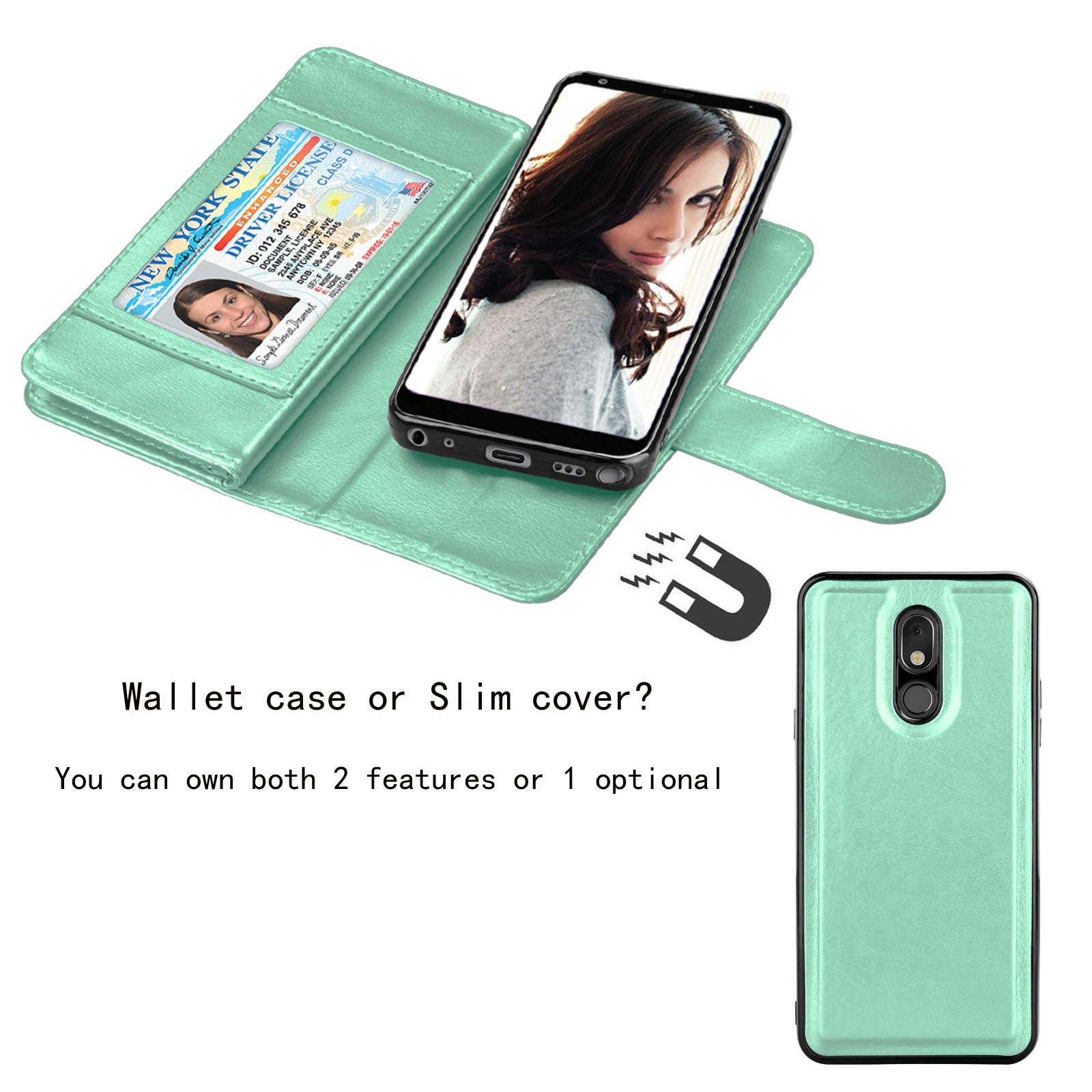 NJJEX Wallet Case for LG Stylo 5/5X/5V/5 Plus - PU Leather Folio Cover with 9 Card Slots, Detachable Kickstand & Magnetic Closure - Mint Green Phone Case for Work, Travel and Everyday Use