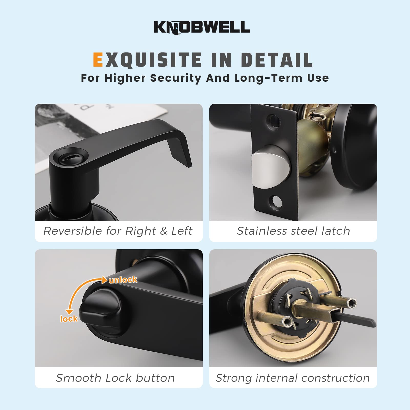 KNOBWELL 4 Pack Black Commercial Door Handles with Lock - Bedroom Lever Handle Set, Reversible for Left/Right Doors - Perfect for Homes, Offices & Hotels