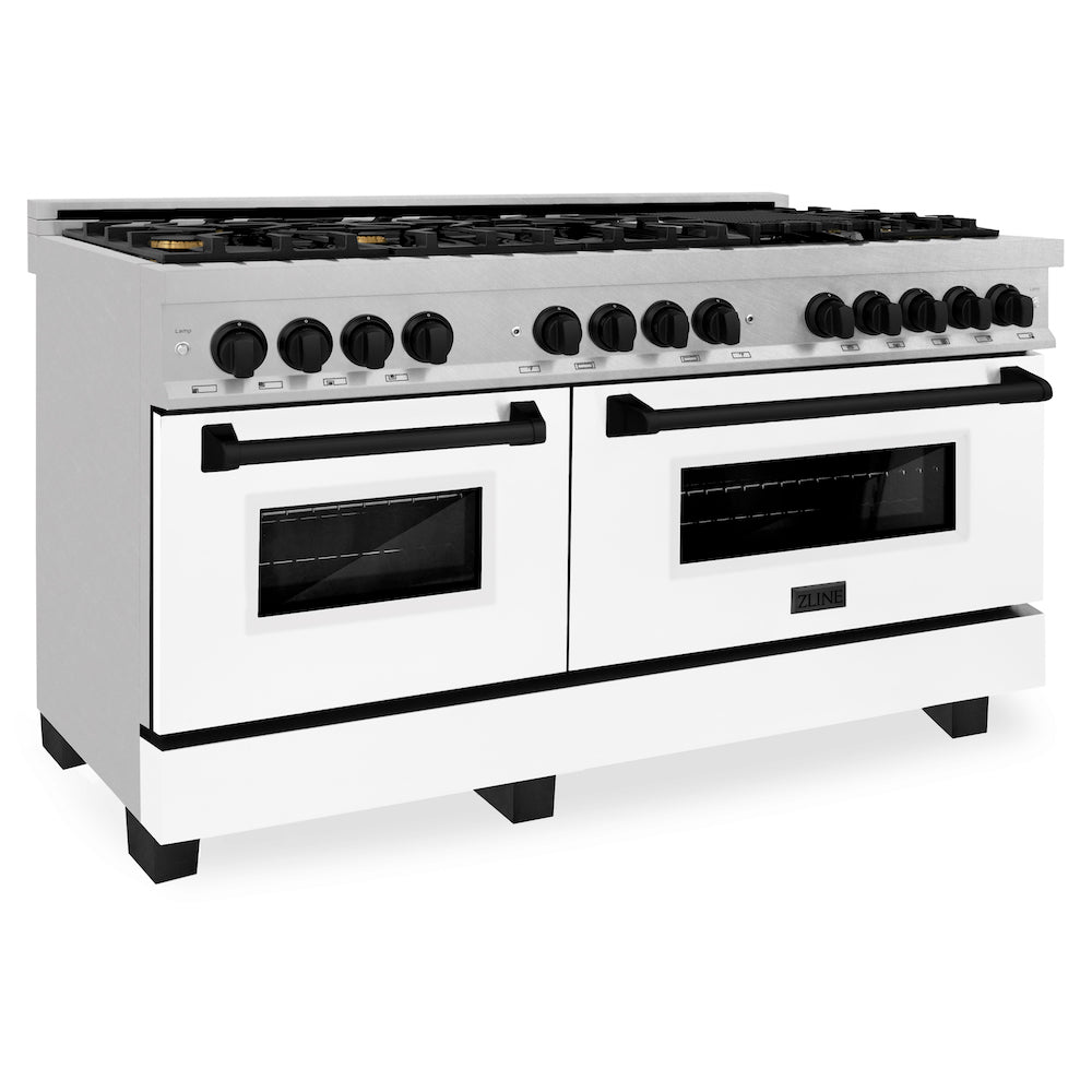 ZLINE Autograph Edition 60-inch 7.4 cu. ft. Dual Fuel Range with 9-Burner Gas Cooktop & 2 Electric Convection Ovens - Satin Stainless Steel with White Matte Doors & Matte Black Accents (RASZ WM 60 MB) | Professional Kitchen Appliance for Home Chefs & Cooking Enthusiasts