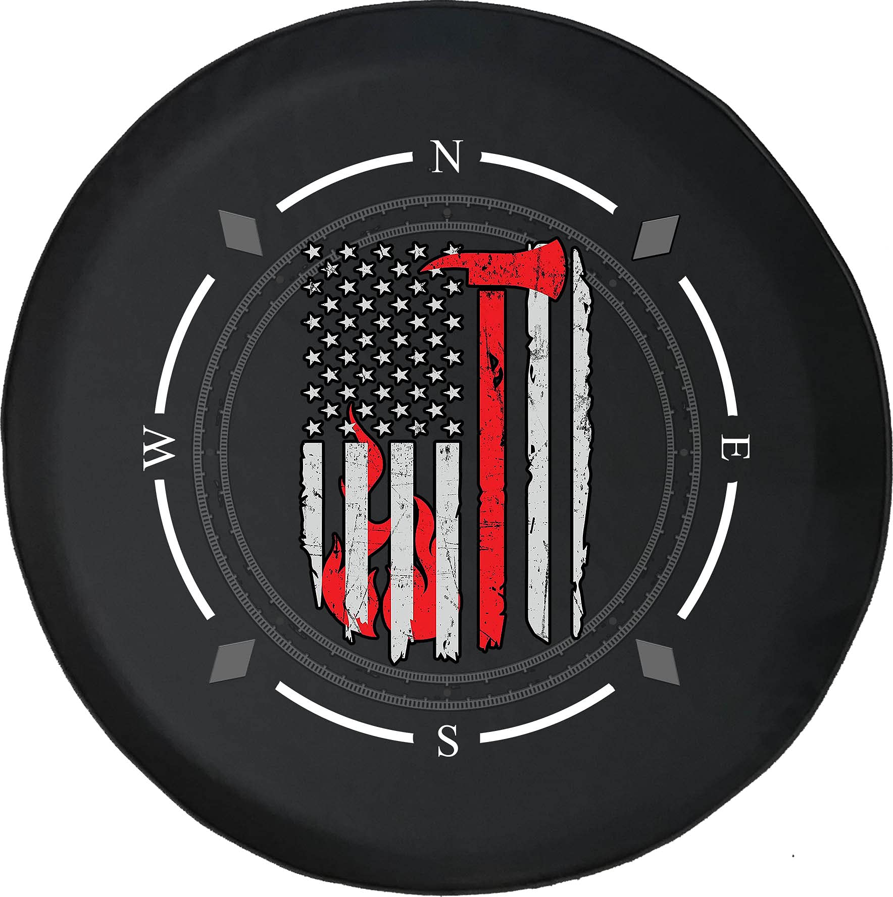 Premium Spare Tire Cover with Compass & Firefighter American Flag Design - Universal Fit for SUV, Trailer, RV & Most Vehicles - Durable Outdoor Accessory for Camping, Off-Roading & Road Trips