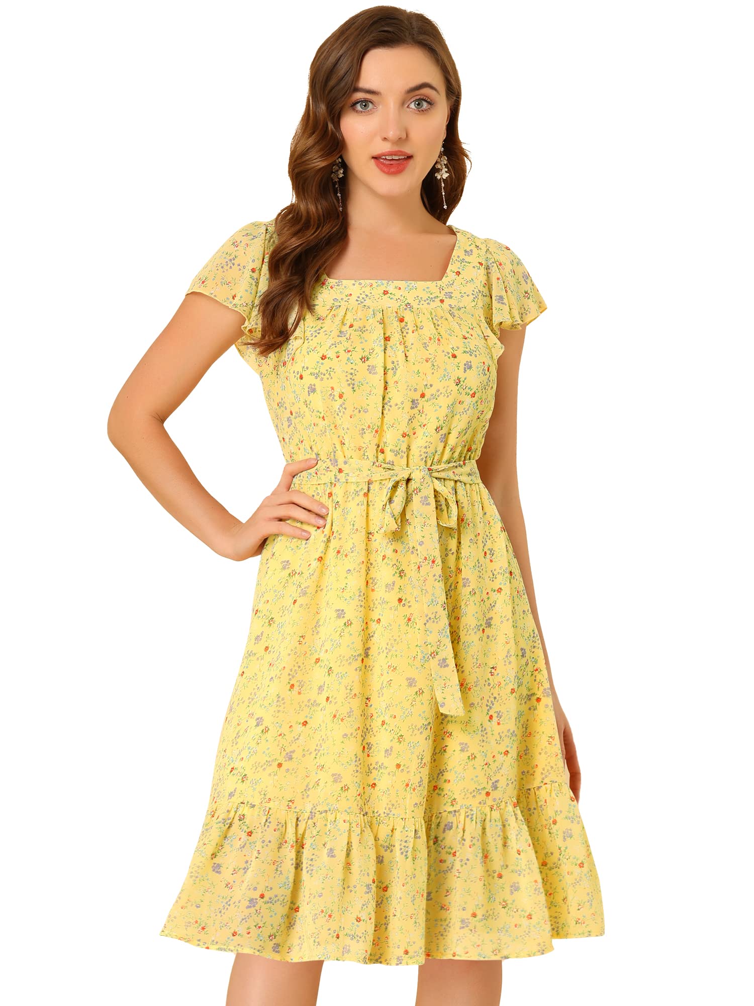 Allegra K Women's Floral Chiffon Dress with Ruffle Detail, Flutter Sleeves, Square Neck & Belt - Perfect for Summer Weddings, Garden Parties & Date Nights