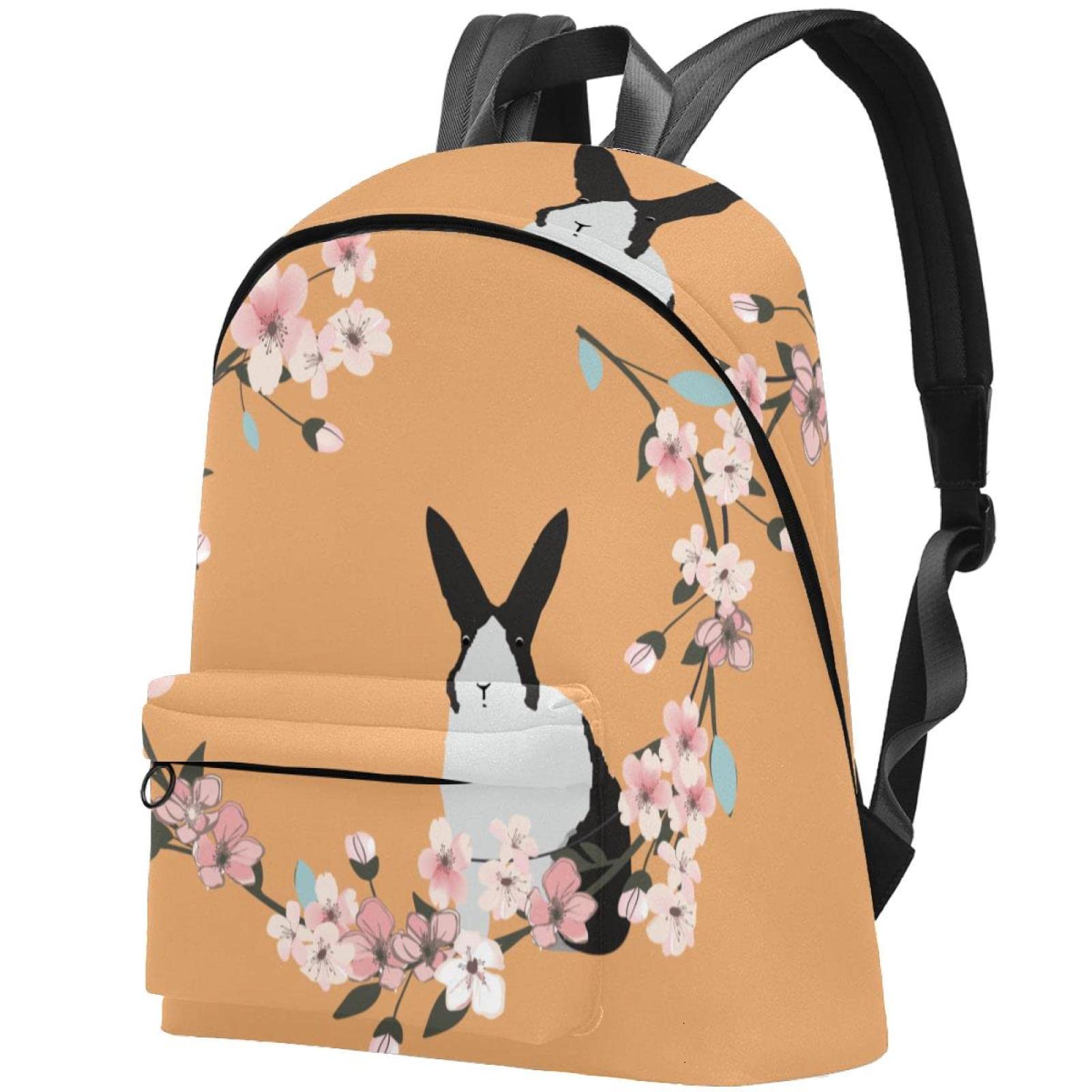 Stylish Canvas Backpack for College Students & Travel - Unisex Durable School Bag with Rabbit Cherry Blossom Orange Print Design - Perfect for Campus, Commuting & Weekend Getaways