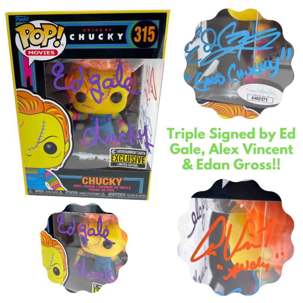 Chucky Funko Pop #315 Neon - Autographed by Ed Gale, Alex Vincent & Edan Gross with JSA COA - Signed Horror Collectible for Fans & Movie Memorabilia Enthusiasts