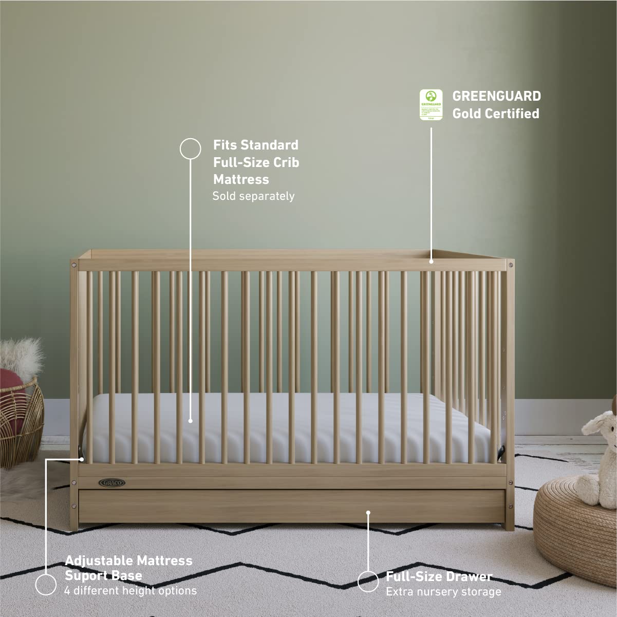 Graco Teddi 5-in-1 Convertible Crib with Storage Drawer in Driftwood – GREENGUARD Gold Certified Baby Crib | Converts to Toddler Bed, Daybed & Full Bed | Nursery Furniture with Built-in Storage | Perfect for Newborns, Infants & Growing Toddlers