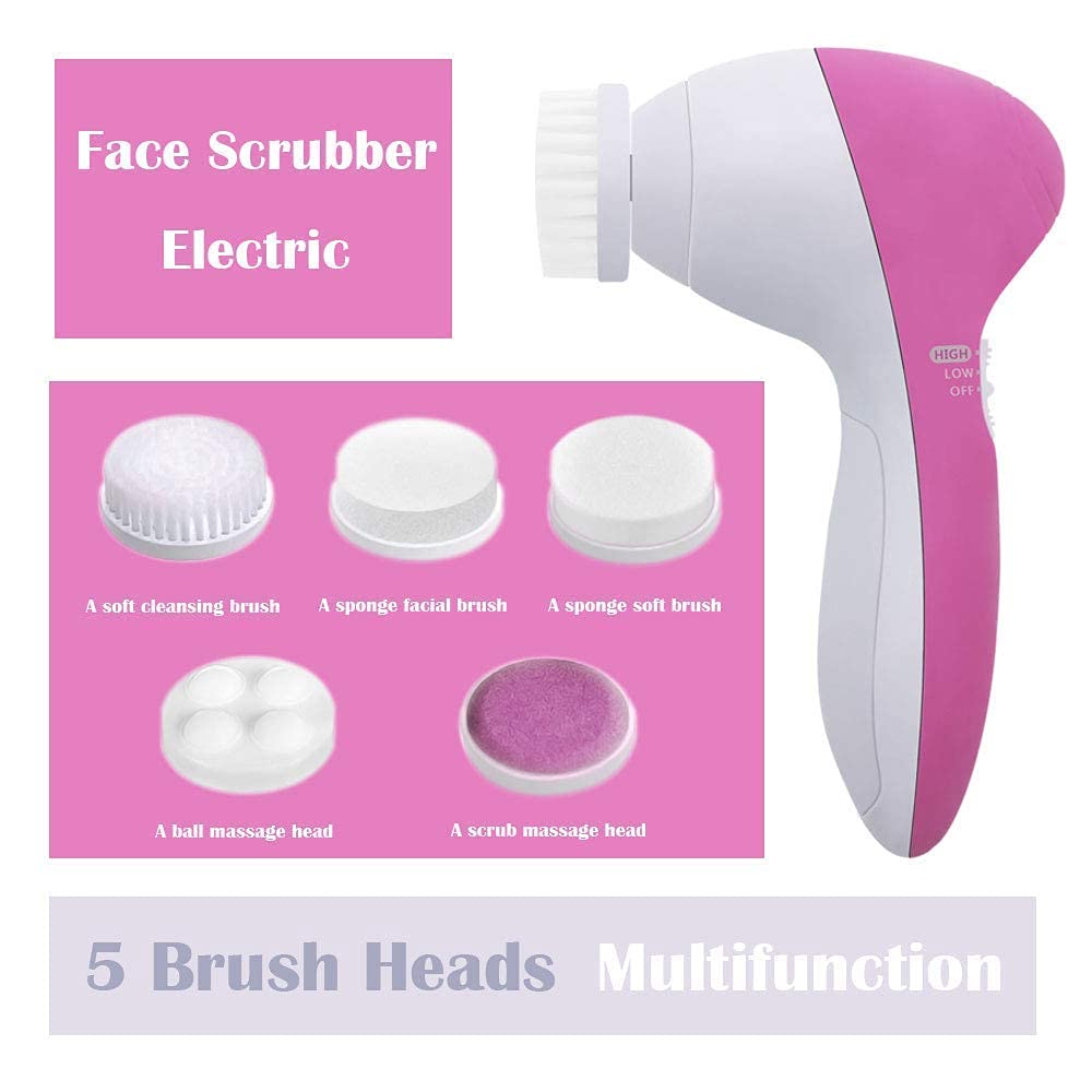 5-in-1 Mini Skin Beauty Exfoliating Brush & Face Scrubber - Deep Cleansing & Gentle Exfoliation Massager for Women, Battery Powered, White - Perfect for Daily Skincare Routine & Spa-Like Facial Treatment at Home