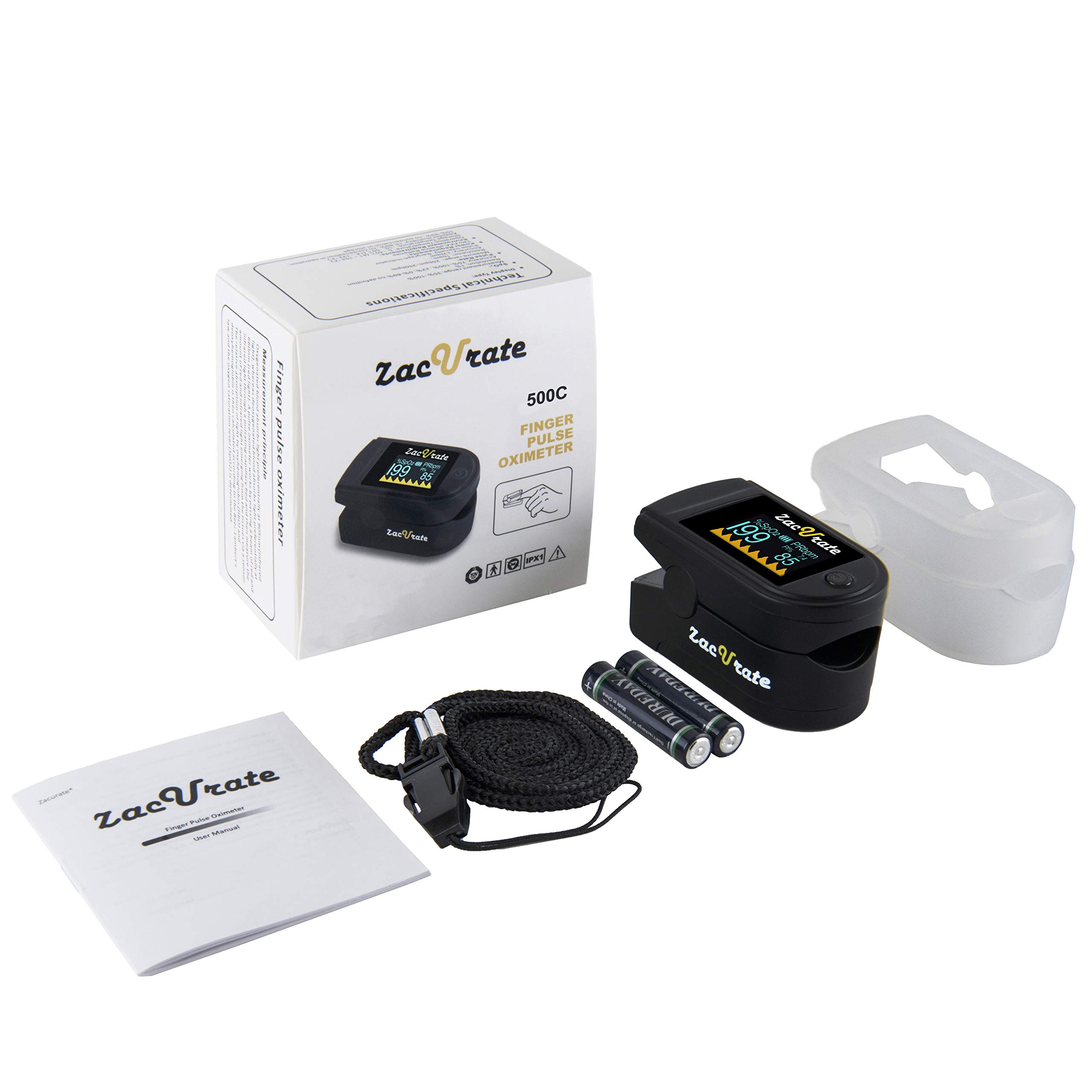 Zacurate 500C Elite Fingertip Pulse Oximeter - Accurate Blood Oxygen Saturation (SpO2) and Heart Rate Monitor with Silicone Cover, Batteries & Lanyard - Mystic Black - Ideal for Home Use, Fitness Training, and Health Monitoring