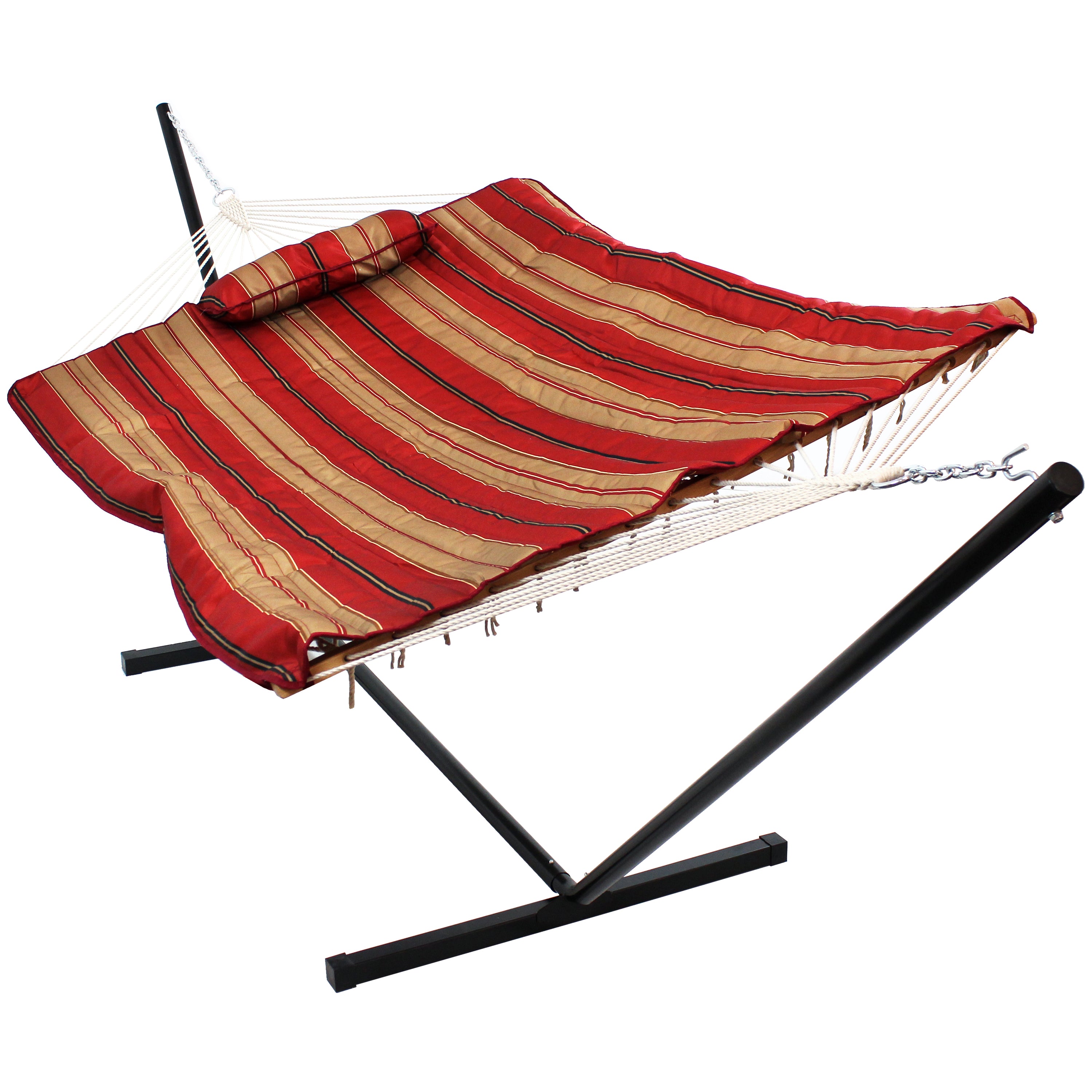 Premium Sunnydaze Rope Hammock with 12-Foot Steel Stand, Comfortable Pad & Pillow - Perfect for Backyard Relaxation, Beach Lounging & Outdoor Camping