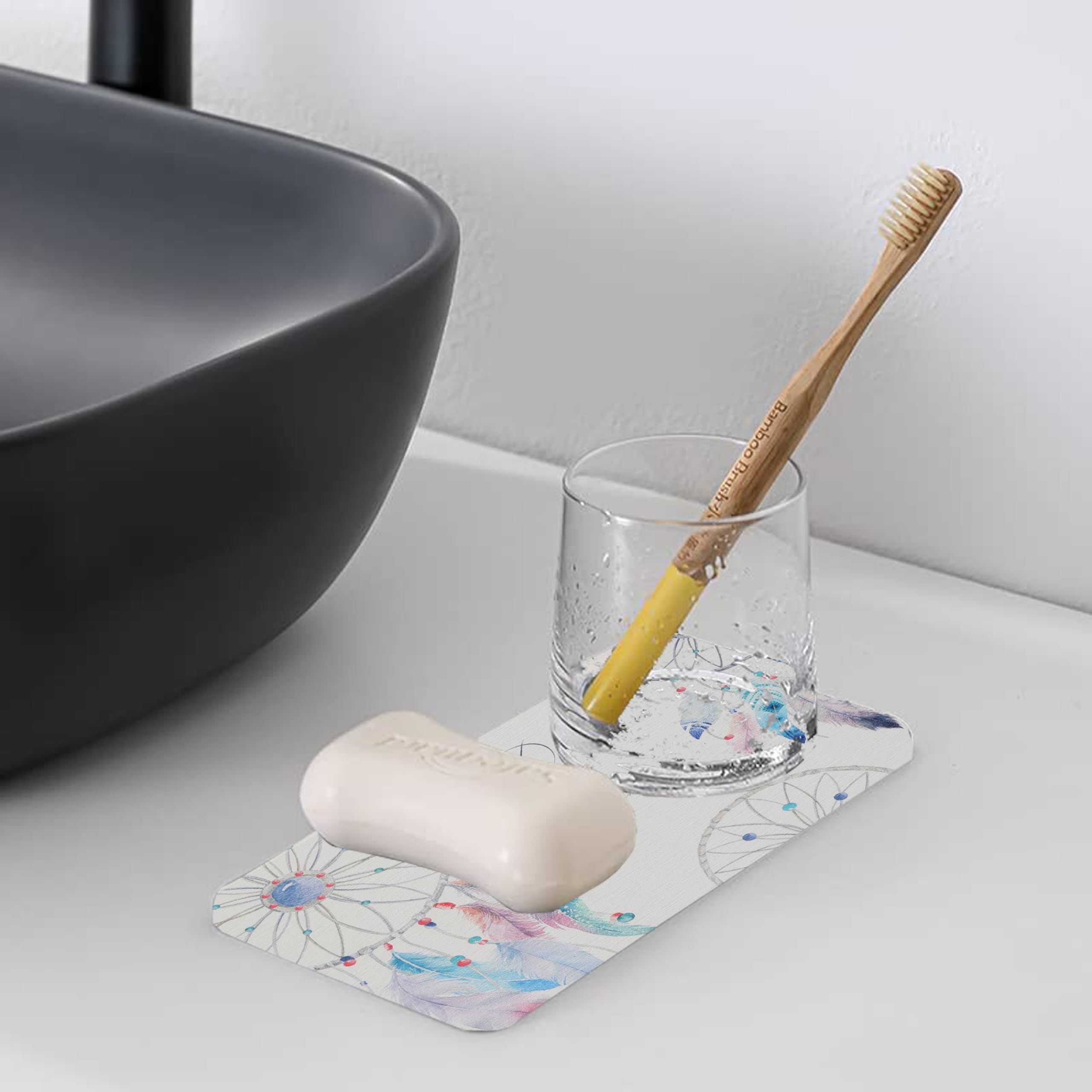 Premium Diatomite Coasters Set of 6 - Fast Water Absorbing, Heat Resistant & Non-Slip Bathroom Accessories for Soap Dishes, Plants, Toiletries - Modern Home Decor for Kitchen, Bathroom & Office Use