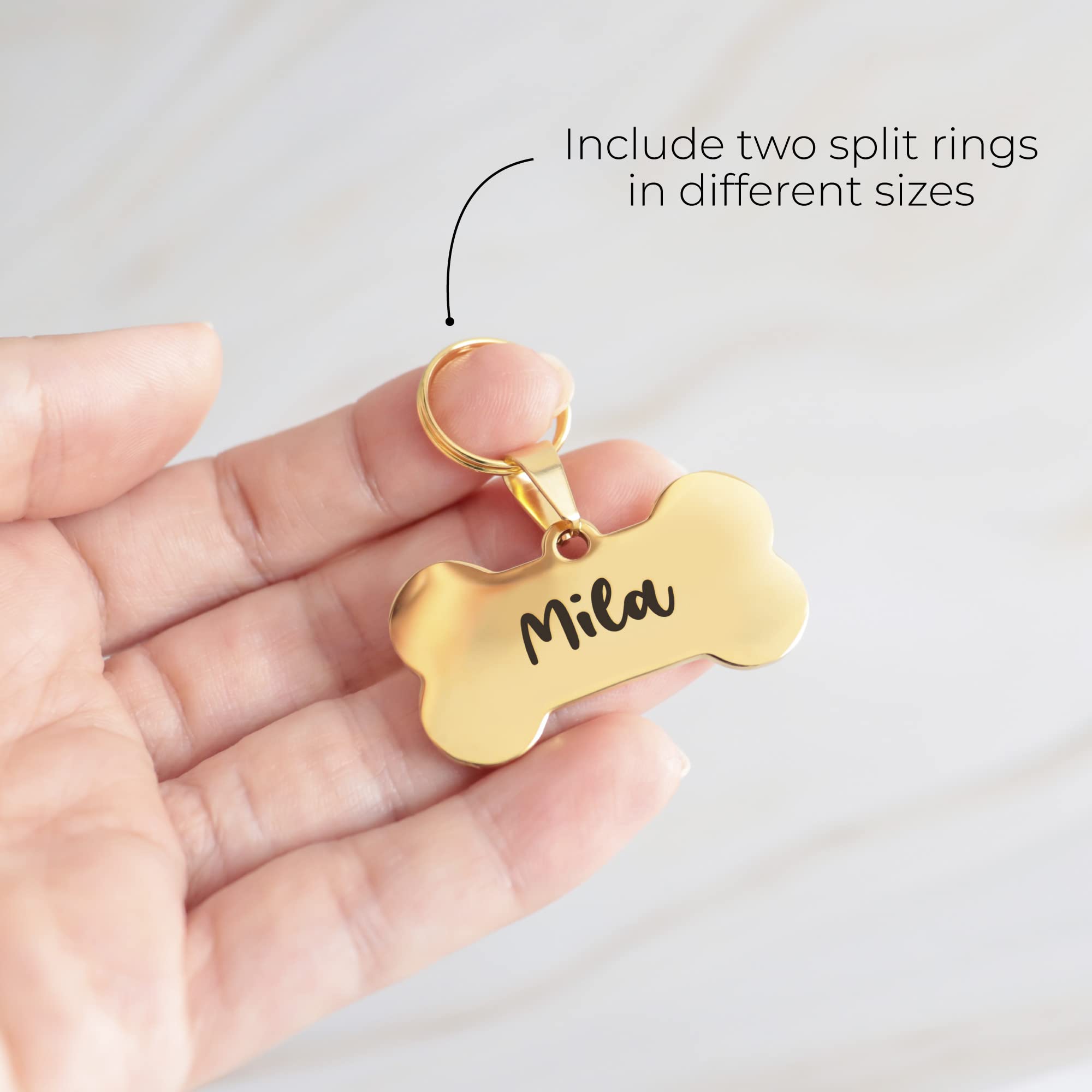 Custom Bone-Shaped Pet ID Tag - Personalized Stainless Steel Collar Tag with Laser Engraving for Dogs, Puppies & Cats - Shiny Bling Paw Design with Safety Ring - Perfect for Lost Pet Prevention & Everyday Wear