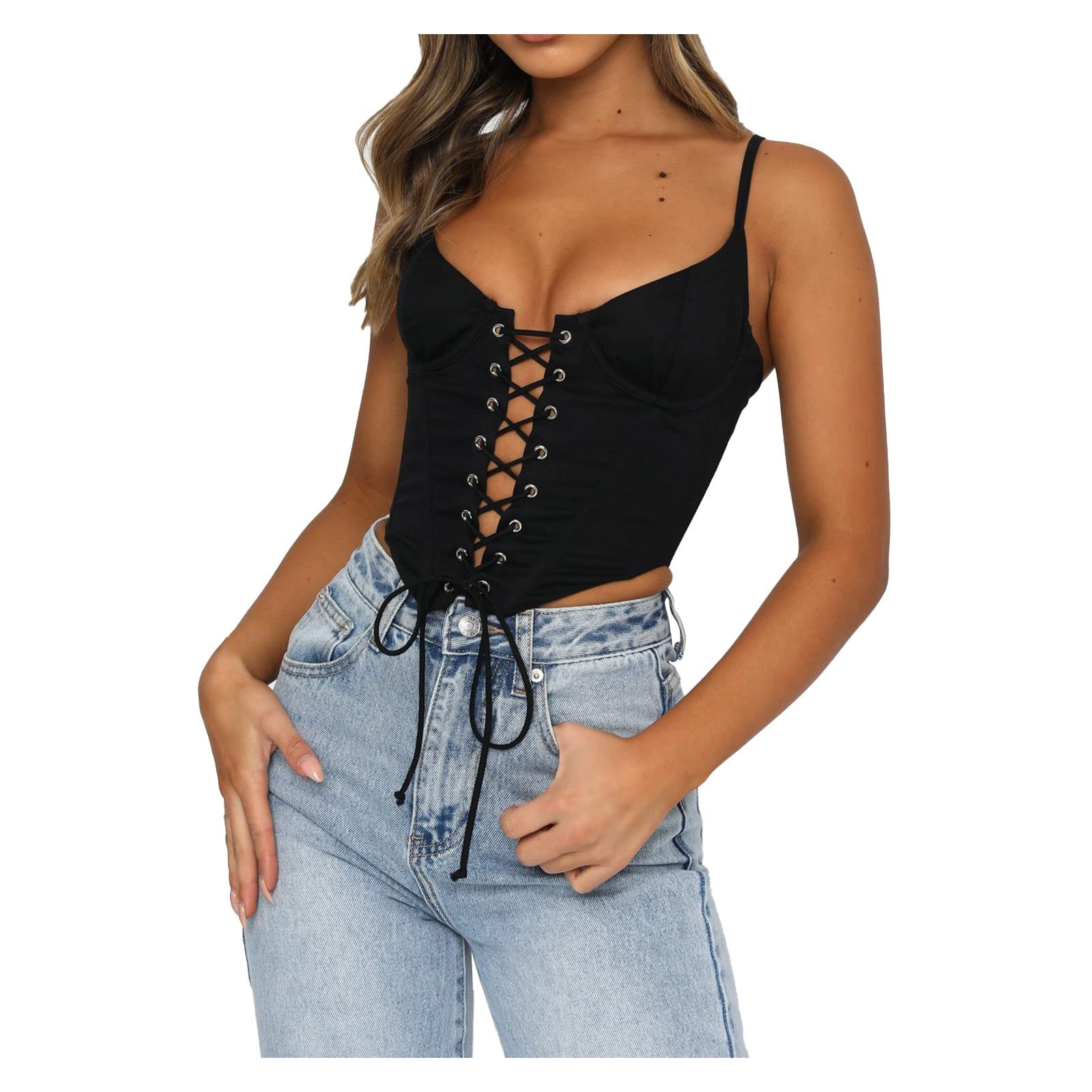 JINF Women's Glitter Tie Zipper Gothic Top - Sexy Strappy Cami Tank Top & Swing Vest for Clubwear, Night Out, and Gothic Fashion