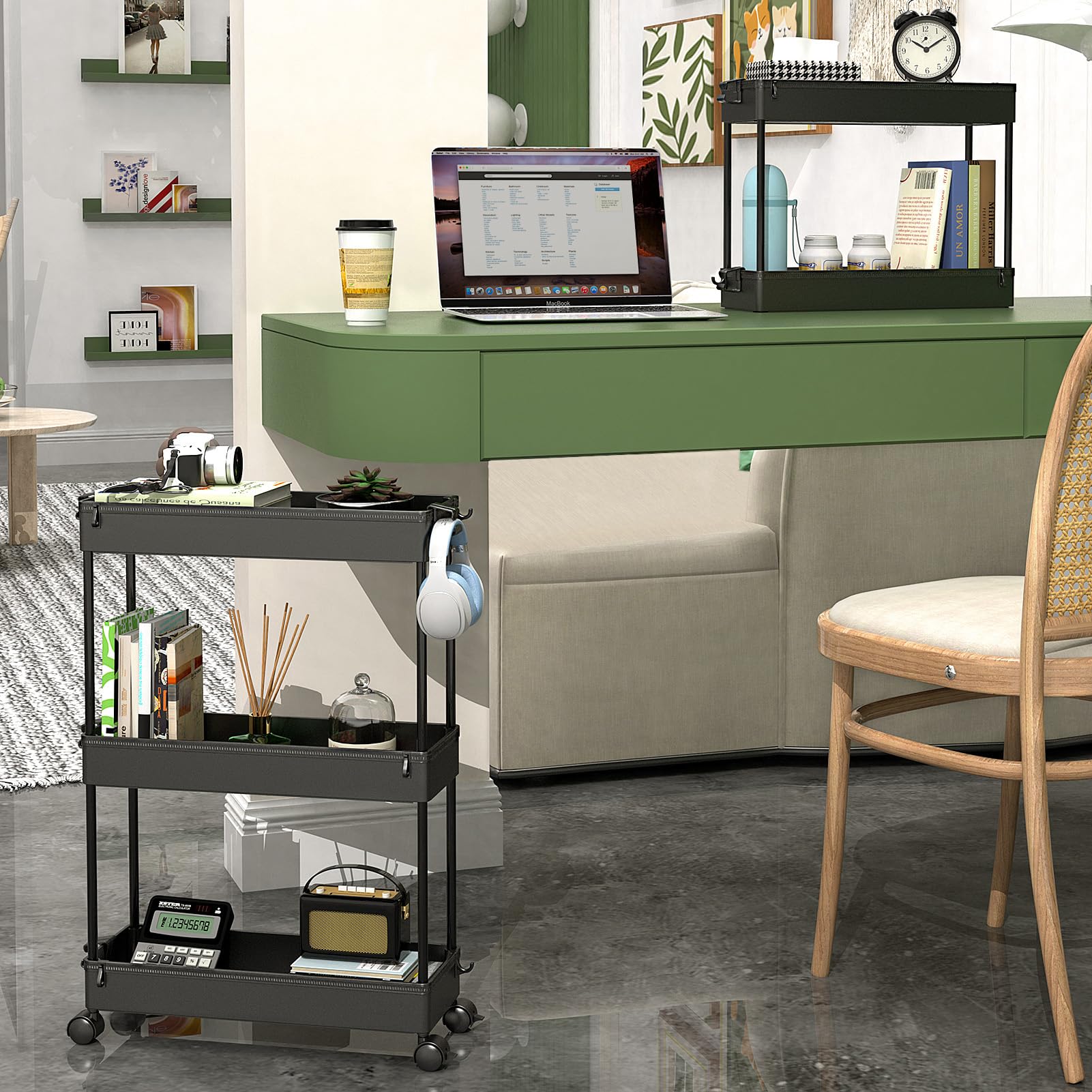 SPACEKEEPER 3-Tier Slim Rolling Storage Cart - Black Mobile Utility Cart for Kitchen, Bathroom, Office & Dorm Organization