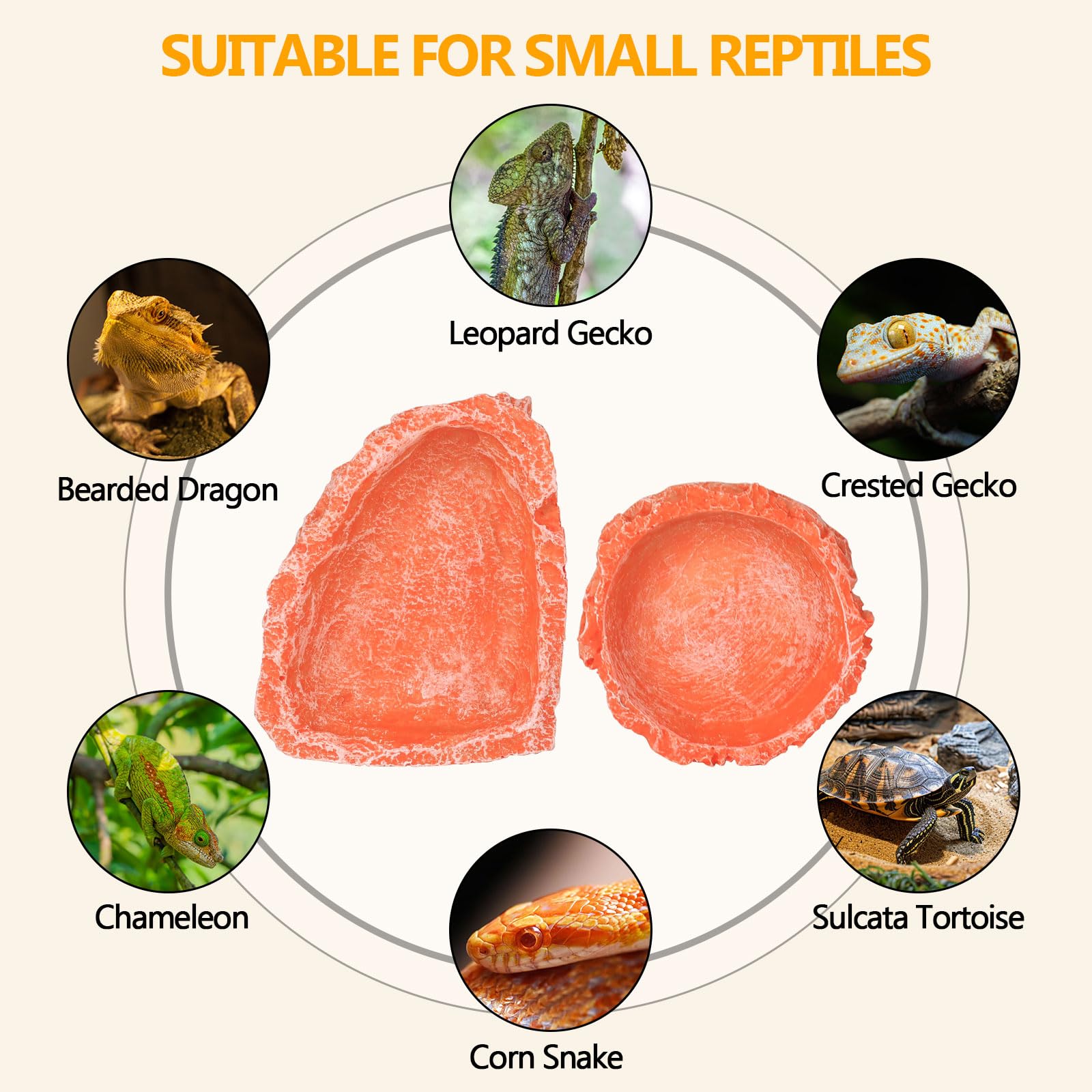 Hyggerzoo 2-Pack Reptile Water Dish & Food Bowl - Durable Resin Corner Feeder for Bearded Dragons, Leopard Geckos, Hermit Crabs, Turtles & Snakes - Perfect for Terrarium, Vivarium & Reptile Tank Accessories (Orange)