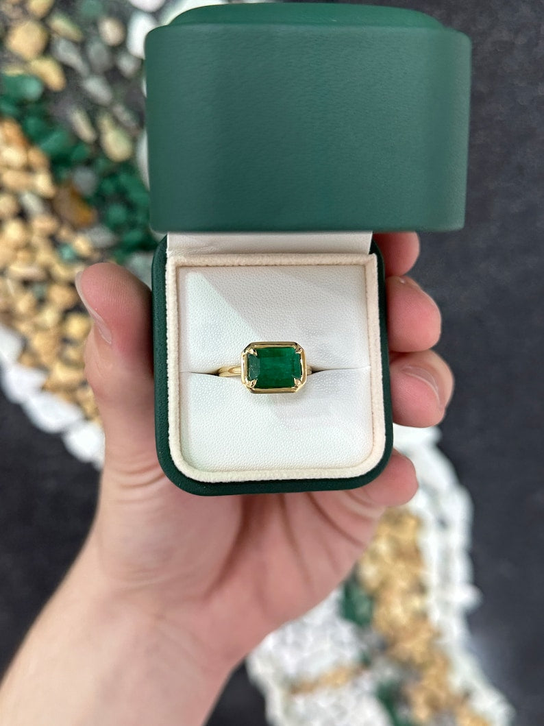 3.92ct Natural Emerald Solitaire Ring in 18K Gold, East-West Four Prong Setting | Elegant Forest Green Gemstone Jewelry for Engagement, Anniversary & Special Occasions