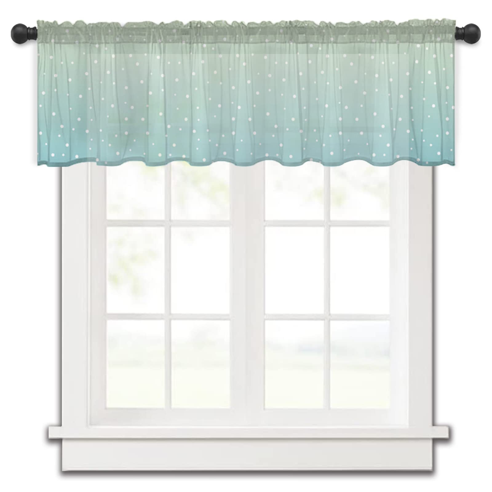 OUR DREAMS Semi-Sheer Valance Curtains - Yellow Green Blue Ombre Polka Dot Watercolor Design - 54 x 18 Inch Window Treatment Panel for Small Windows - Perfect for Kitchen, Bathroom & Nursery Decor