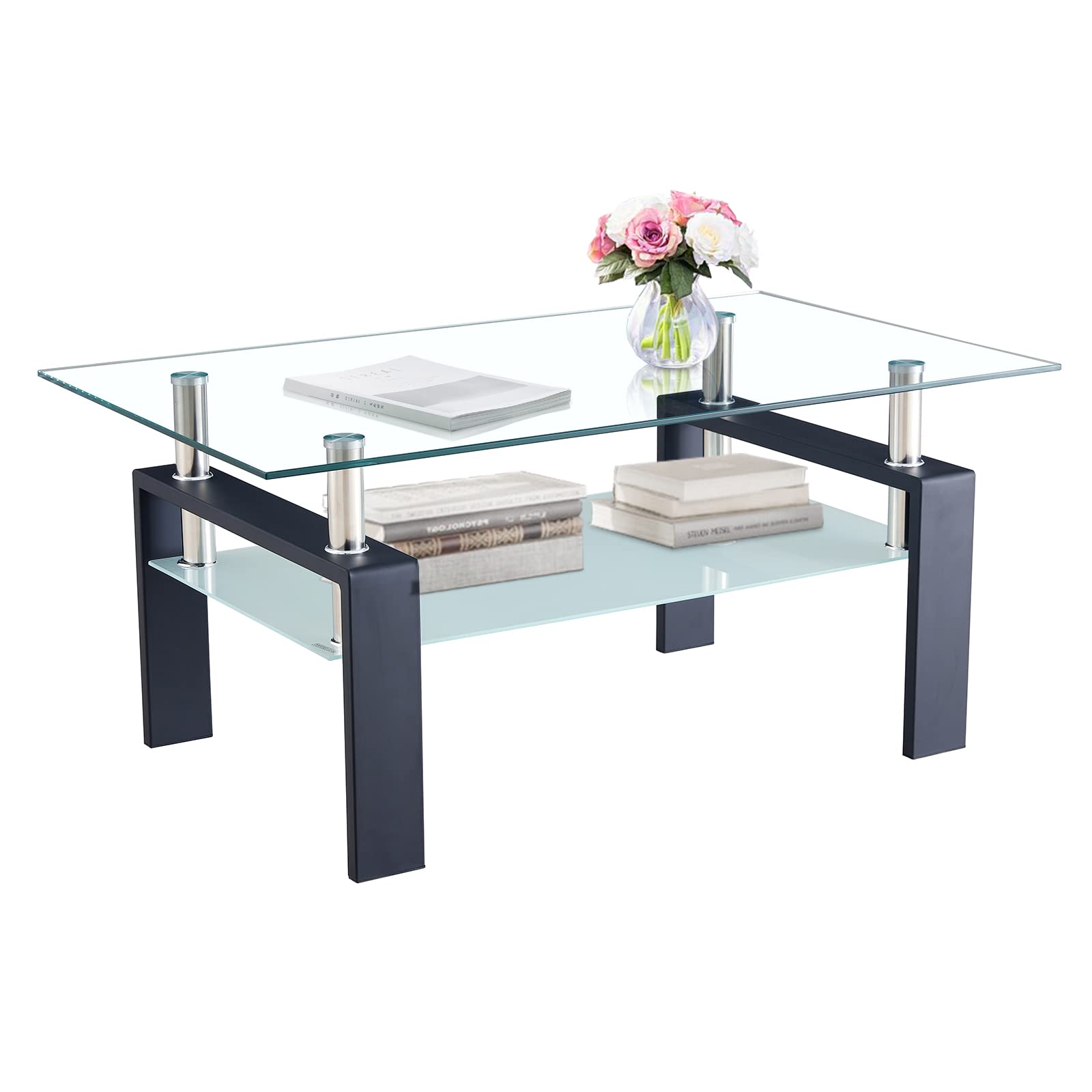 Modern Glass Coffee Table - 2-Tier Rectangle Living Room Table with Tempered Lower Shelf & Sturdy Metal Legs | Perfect for Small Spaces, Apartments & Contemporary Home Decor