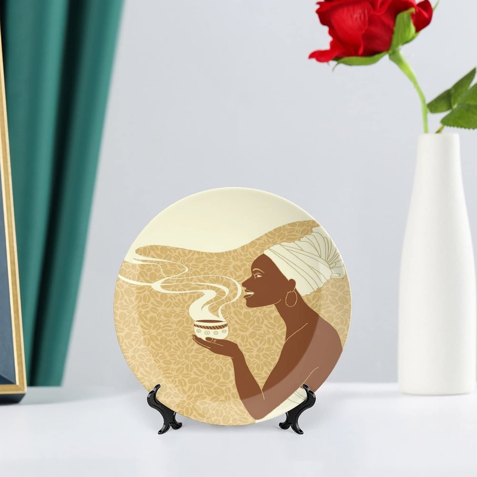 8 Inch African Woman Decorative Ceramic Plates - Happy Afro Lady with Coffee Cup, Brown/Light Brown/Cream - Perfect for Dining, Parties, Weddings & Home Decor