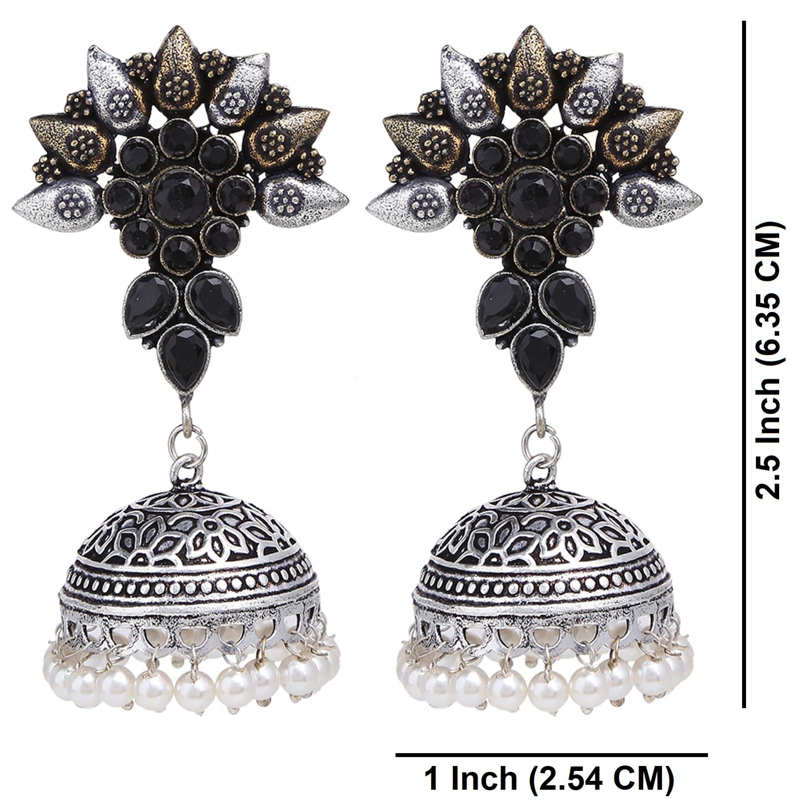 Efulgenz Indian Oxidized Jhumka Earrings for Women - Boho Antique Ethnic Tribal Jewelry with Faux Pearl Drop & Floral Design - Perfect for Weddings, Parties, and Cultural Events