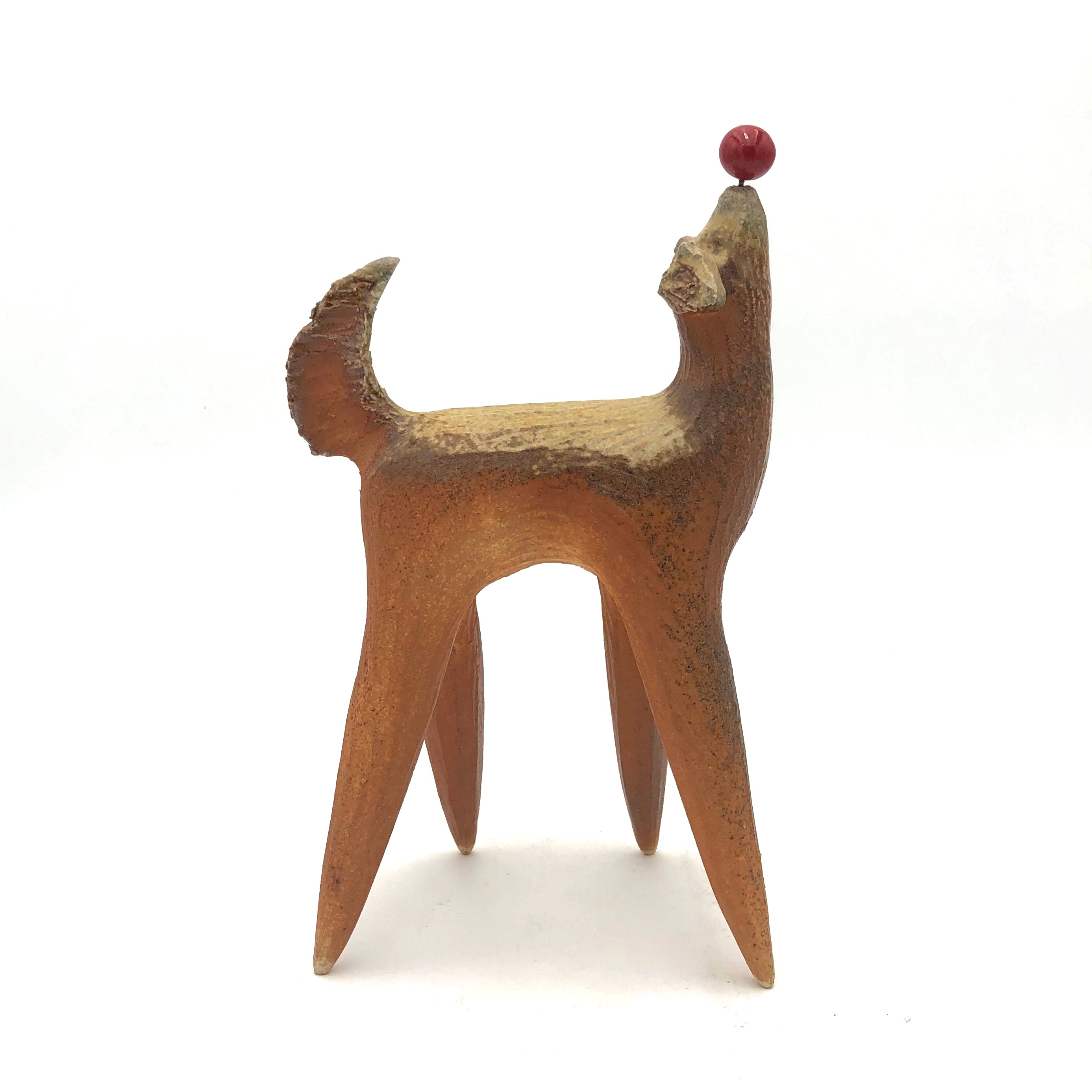 Handmade Wood Fired Ceramic Dog Sculpture - Playful Pup with Red Ball on Nose - Unique Home Decor & Gift for Pet Lovers - Perfect for Living Room, Office or Garden Display