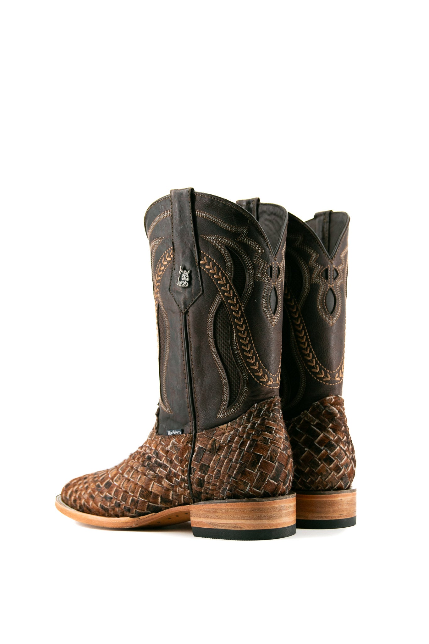 Rock'em Woven Cowhide Square Toe Cowboy Boots for Men - Western Style Leather Boots with Comfortable Fit - Perfect for Rodeo, Country Music Festivals & Casual Wear