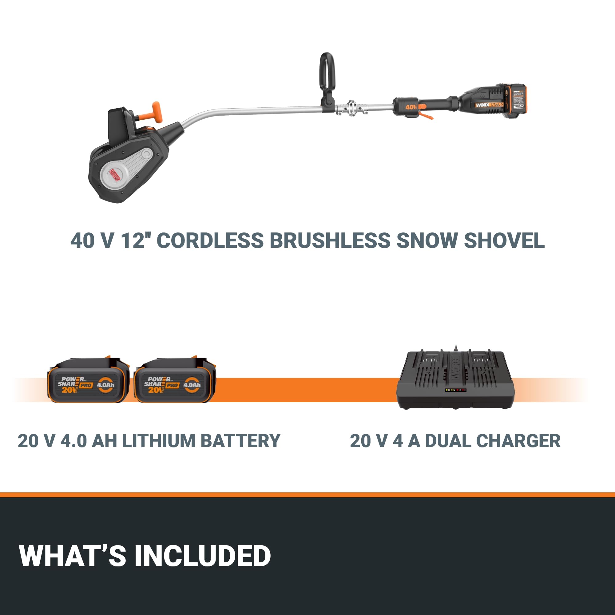 WORX WG460 40V 12-Inch Cordless Electric Snow Shovel with Brushless Motor - 2 Speed Settings, Adjustable Front Handle, 4.0Ah Battery & Charger Included - Ideal for Clearing Driveways, Sidewalks & Small Areas (Up to 4-Car Driveway Capacity)