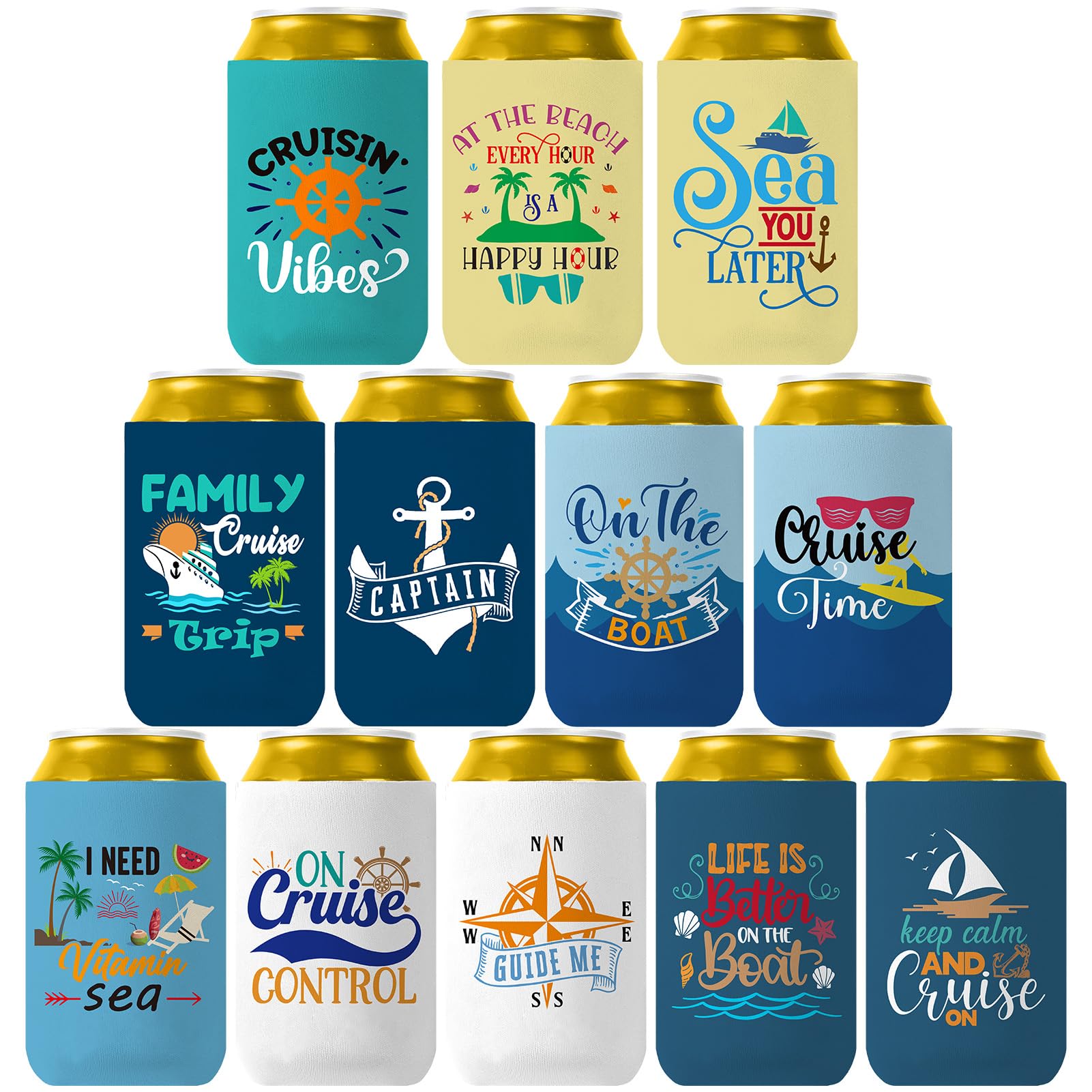Neoprene Beer Can Cooler Sleeves (12 Pack) - Funny Boating & Nautical Gifts, Insulated Can Holders for Summer Parties, Beach Outings & Boat Cruises - Perfect for Poolside BBQs, Tailgating & Outdoor Events
