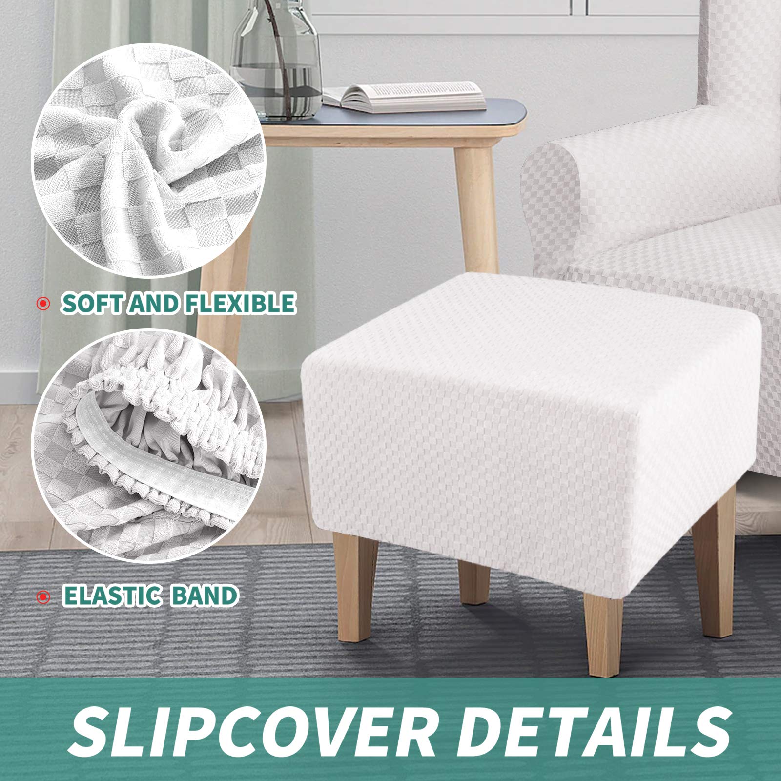 YEMYHOM Jacquard Ottoman Cover - High Stretch Removable Slipcover for Small Rectangular Footstool (White) | Foldable Storage Solution for Living Room, Bedroom & Nursery