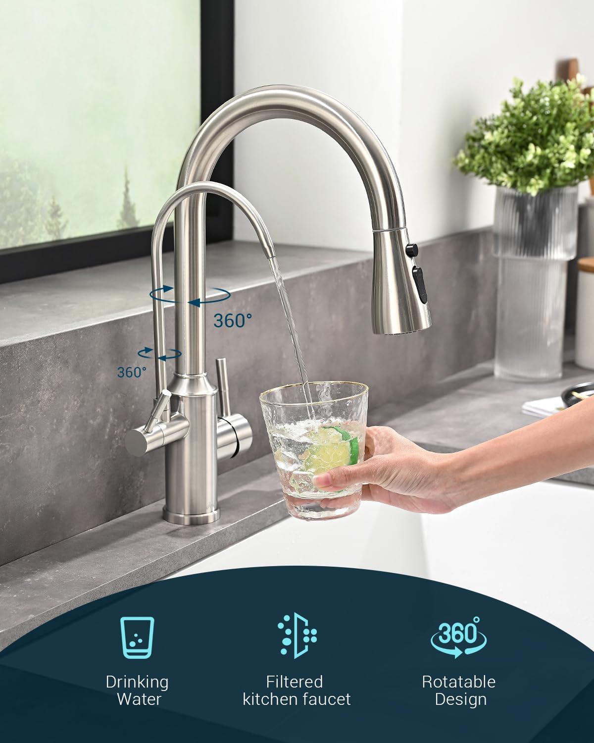 APPASO 3-in-1 Pull Out Kitchen Faucet with Sprayer & Water Filter - High Arch 2 Handle Brushed Nickel Sink Faucet for Modern Home Kitchen (Perfect for Cooking, Washing Dishes & Filling Large Pots)