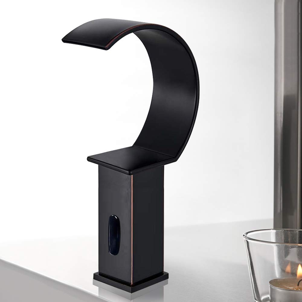 BS-WBT7876 Touchless Automatic Motion Sensor Faucet - Waterfall Brass Deck Mount Faucet with Hot & Cold Water - Oil Rubbed Bronze Finish for Modern Bathroom & Kitchen Sink | ADA Compliant, Water-Saving Design