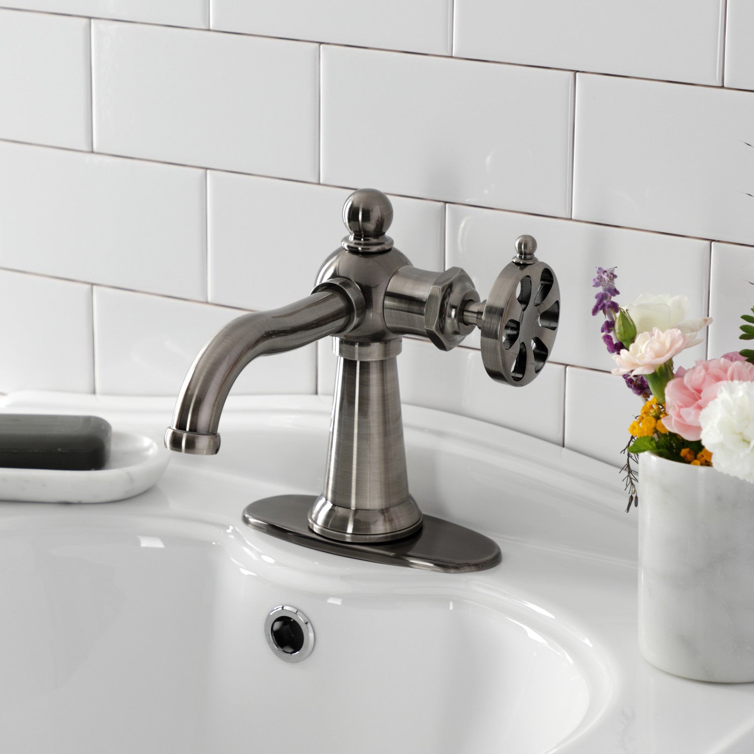 Belknap KSD354RXVN Single Handle 1-Hole Bathroom Sink Faucet with Deck Plate & Push Pop-Up Drain, Black Stainless Steel - Perfect for Modern Bathrooms, Vanities, and Powder Rooms