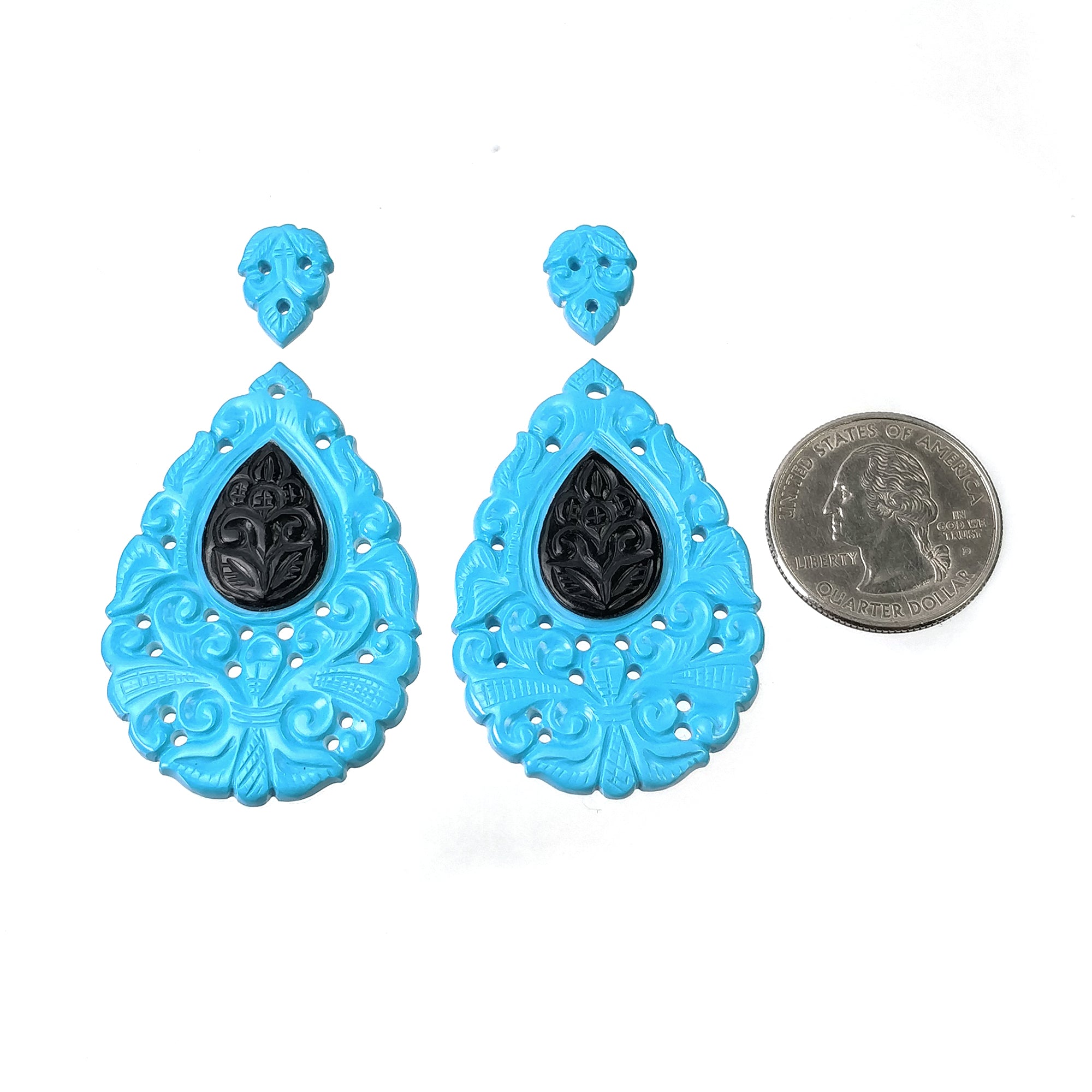 68.35cts Synthetic Sleeping Beauty Turquoise & Black Onyx Pear-Shaped Gemstone Carving - 14x9mm (48x32mm 4pcs) - Handcrafted Jewelry Making Supplies for Necklaces, Bracelets & DIY Crafts