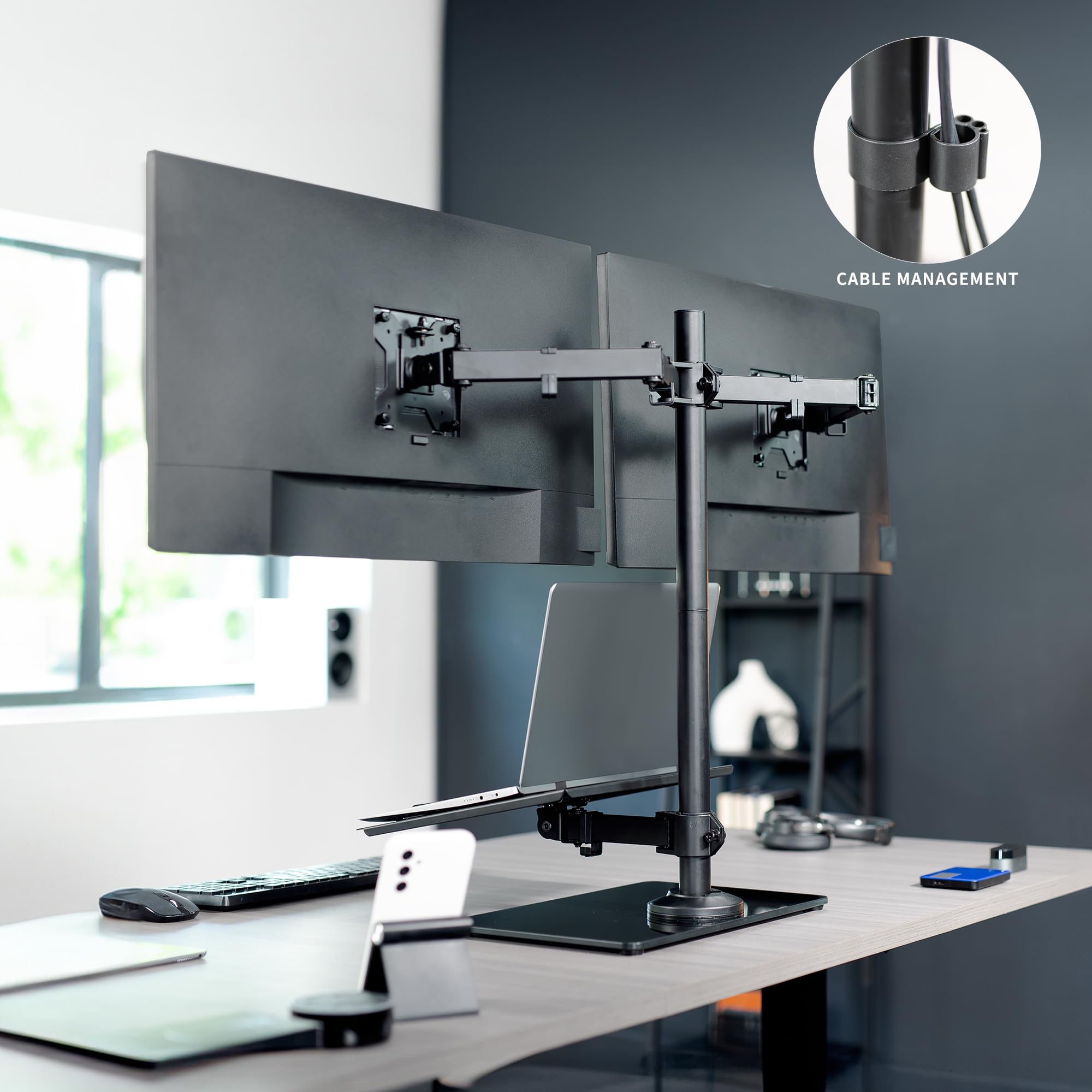 VIVO Dual Monitor and Laptop Stand with Glass Base - Adjustable Freestanding Desk Mount for 32 inch Screens & 17 inch Laptops, Black (STAND-V003FGL) - Perfect for Home Office, Gaming Setup, and Workspace Organization