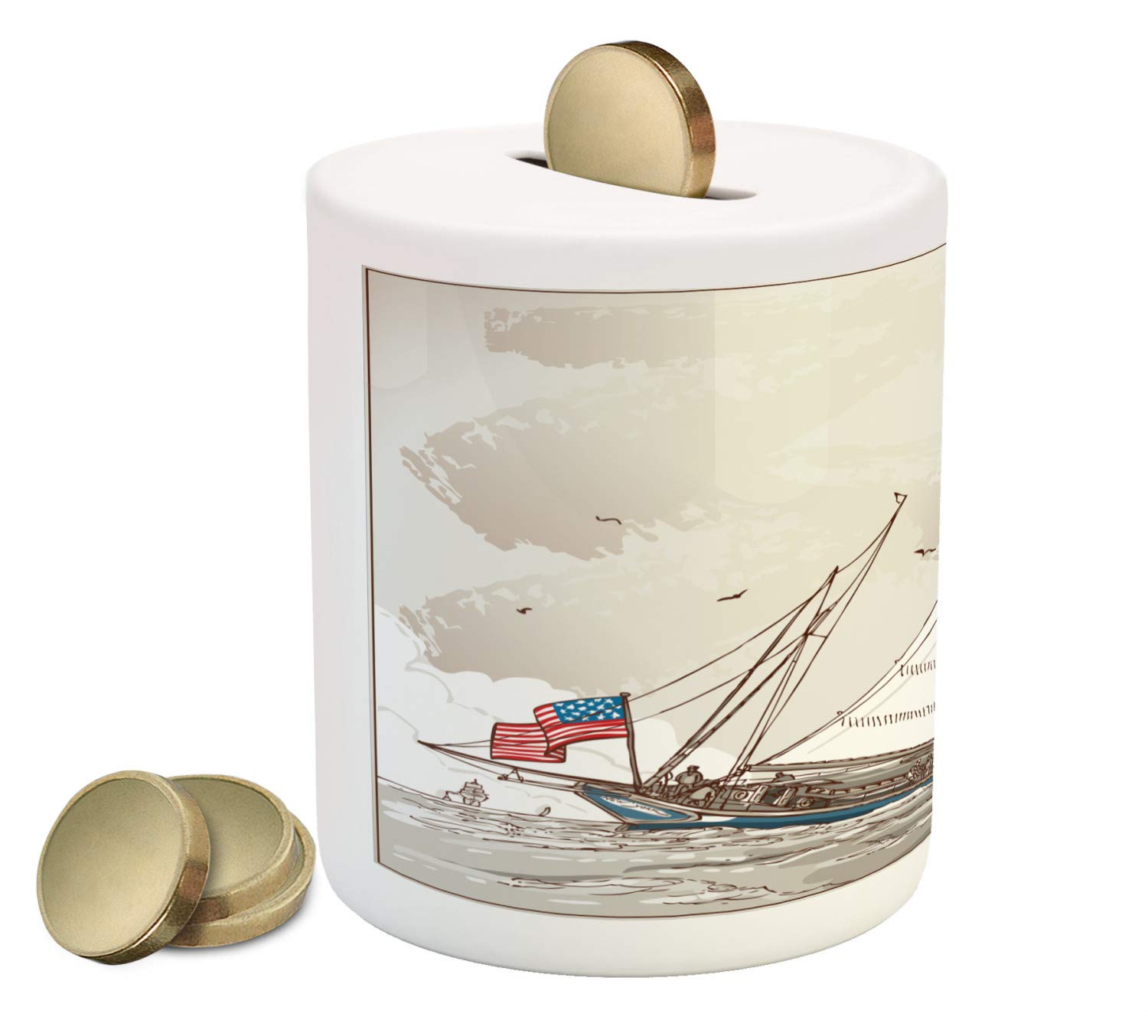 Ambesonne Vintage Piggy Bank - Retro Antique American Yacht with Flags Design, Ceramic Coin Bank for Cash Savings (Pale Grey/Tan/White) | Perfect for Home Decor, Kids Savings & Unique Gift Ideas