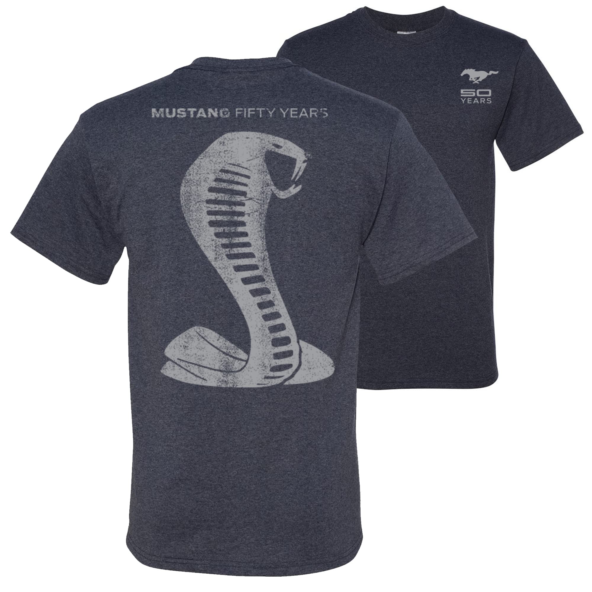 Official Ford Mustang 50th Anniversary Gray Snake Graphic T-Shirt for Men - Front & Back Print - Perfect for Car Enthusiasts & Mustang Lovers