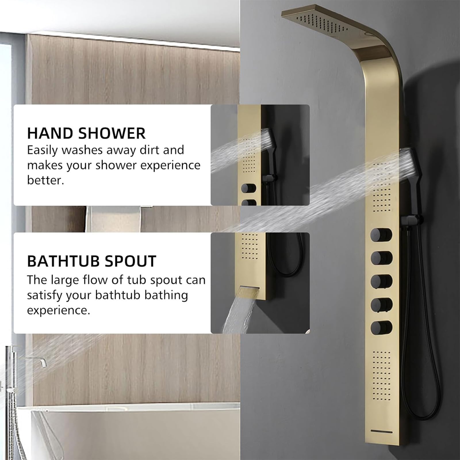 Polished Gold Multifunction Shower Panel System with Rainfall Showerhead & Handheld Shower - Stainless Steel Wall Mounted Bath Panel for Luxurious Spa Experience at Home