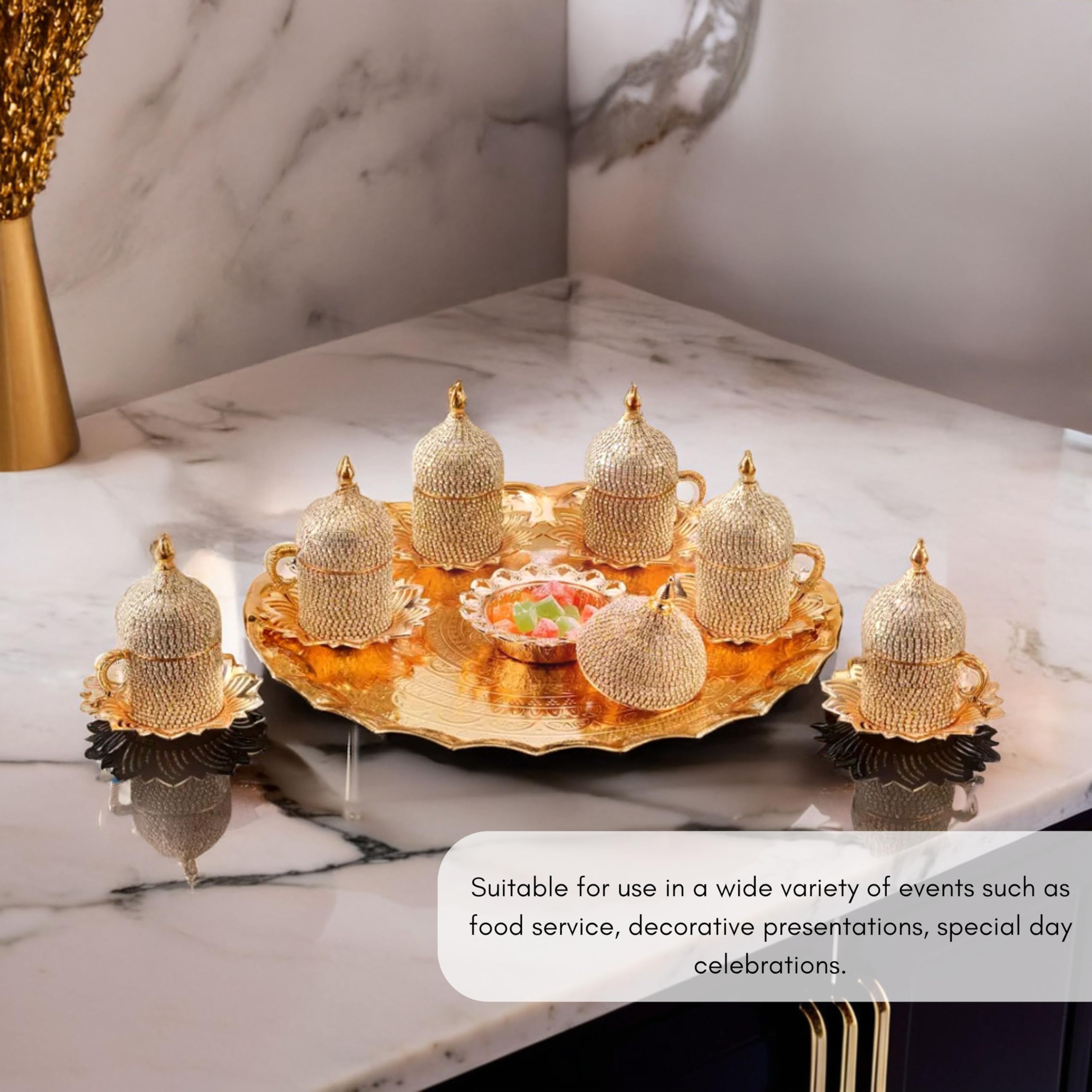 LaModaHome Golden Tea & Coffee Serving Tray Set - Premium Turkish Arabic Moroccan Coffee Tray in Luxurious Ahsen Gold | 35cm Large Metal Serving Tray | Perfect for Home Entertaining, Afternoon Tea & Coffee Ceremonies