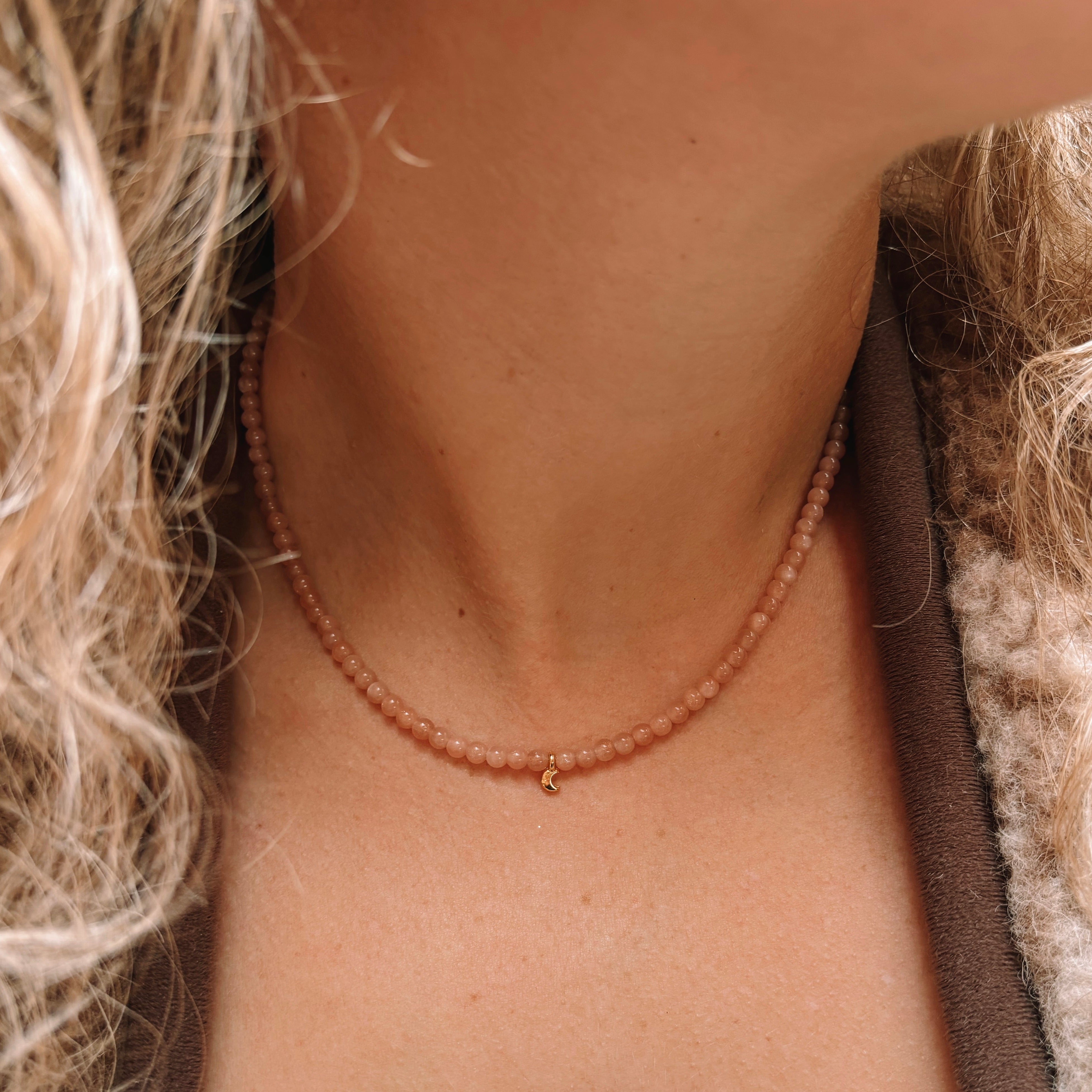 2mm Moonstone Necklace with Crescent Moon Charm - Perfect for Boho Jewelry, Yoga Meditation & Spiritual Healing