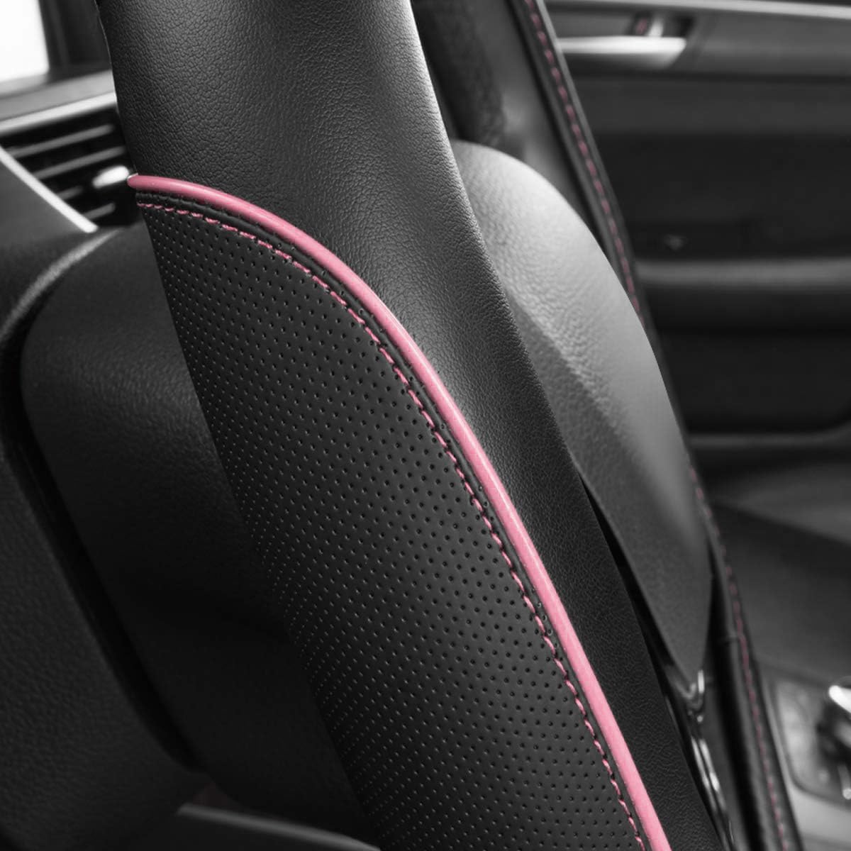 Premium Universal Leather Steering Wheel Cover with Color Piping - Fits 14.5-15 Inch Wheels for SUVs, Vans, Trucks & Sedans (Black & Pink) - Enhance Grip & Comfort for Daily Commutes & Road Trips