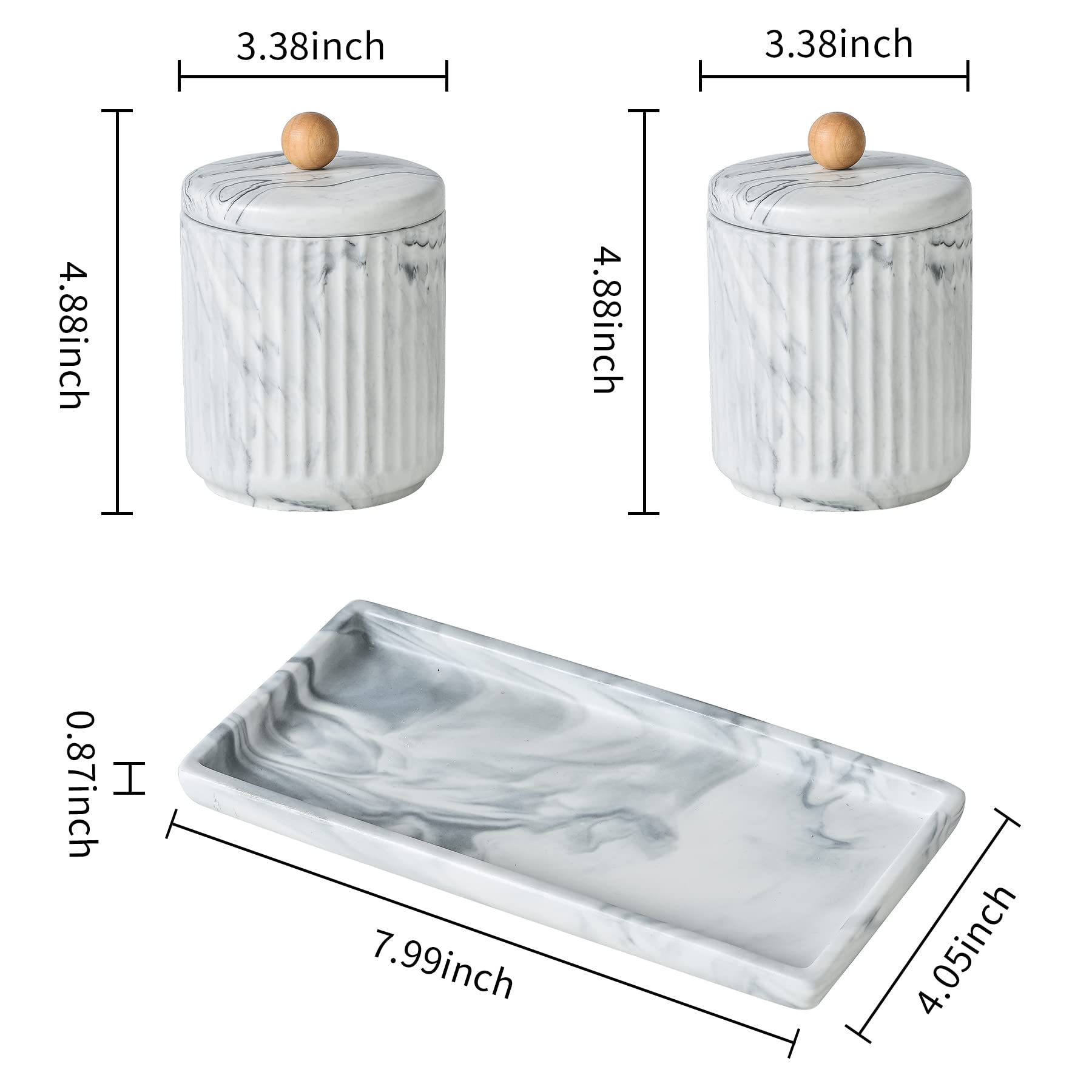 Marble Ceramic Cotton Swab Holder with Lid & Dresser Organizer Set - Small Bathroom Storage Jar for Cotton Balls, Q-Tips & Beauty Essentials | Perfect for Vanity, Bathroom Counter, Kitchen & Office Organization
