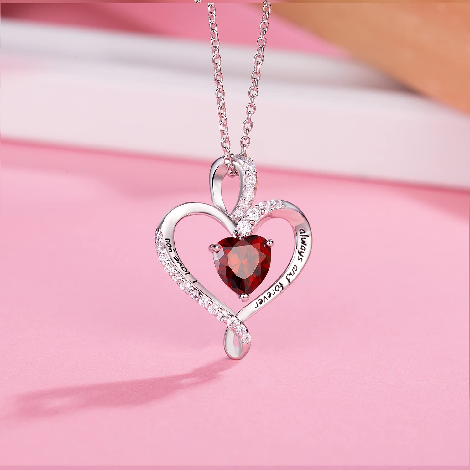 BlingGem Sterling Silver Heart Necklace for Women - 5A CZ Birthstone Pendant Jewelry, Perfect Gift for Mom, Wife, Girlfriend | Valentine's Day, Anniversary, Birthday Gift Idea | I Love You Always and Forever
