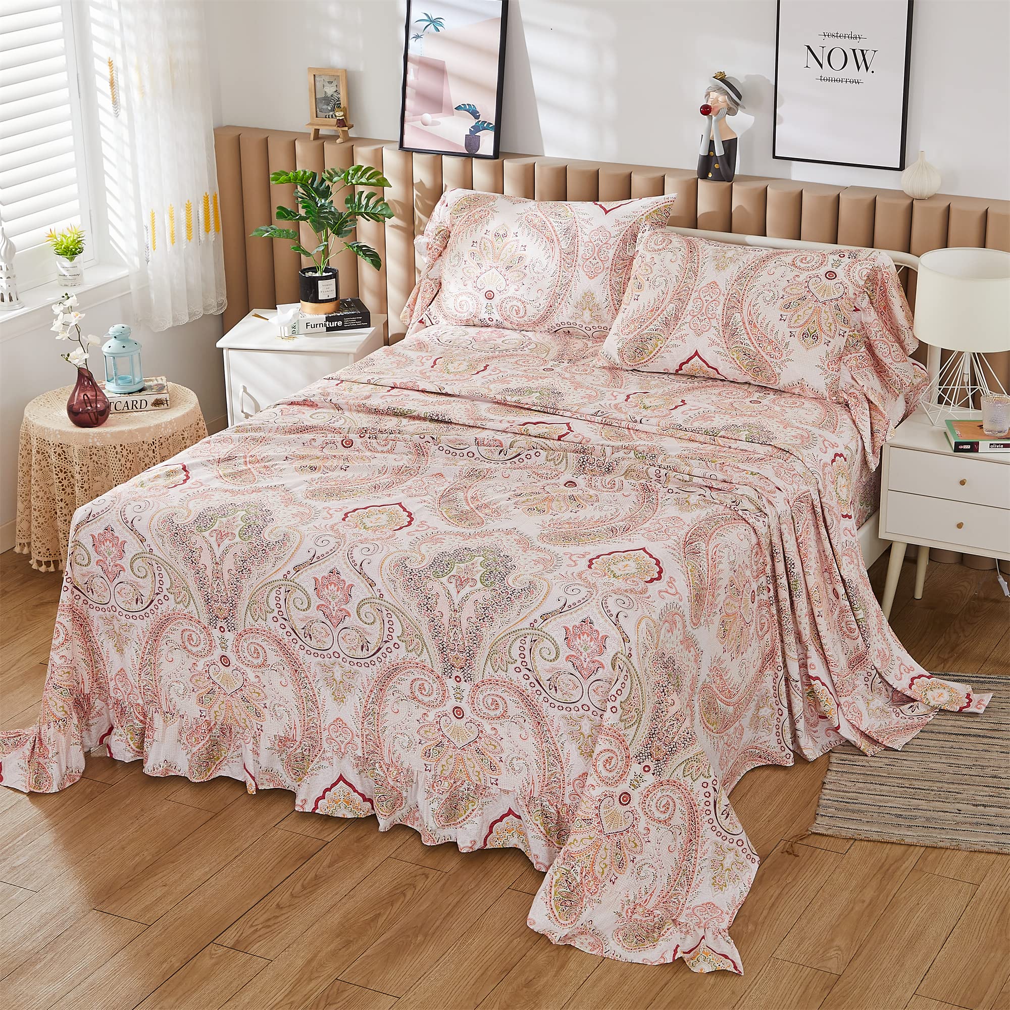 ABREEZE Pink Paisley Print 4-Piece Bed Sheet Set - 1000TC Egyptian Cotton Full Size Bohemian Bedding with Damask Medallion Design for Boho & Farmhouse Decor | Perfect for Guest Rooms, Master Bedrooms & Cozy Retreats