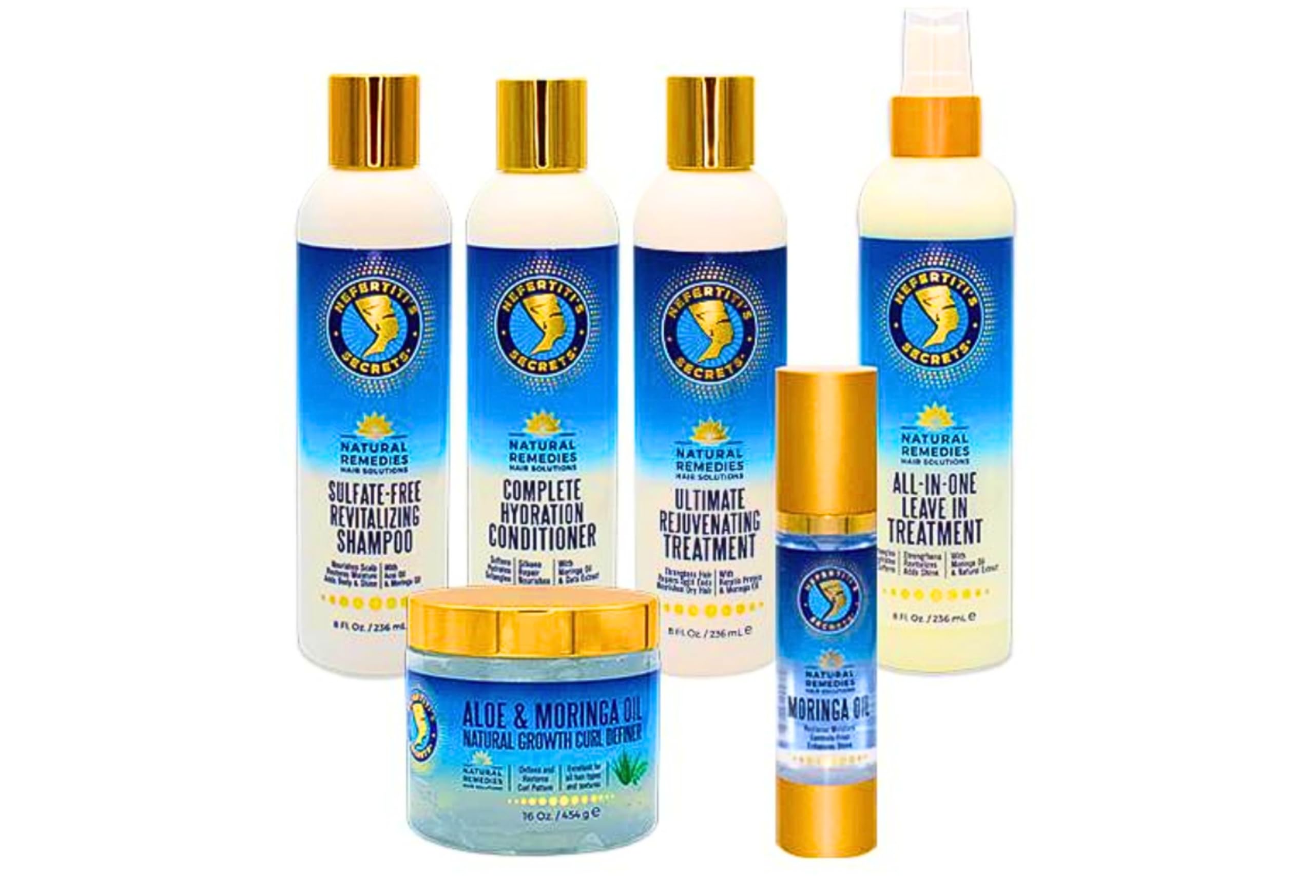 Nefertiti's Secrets Moringa Oil & Natural Extract Hair Care Set - Hydrating Shampoo, Conditioner & Treatment for Damaged Hair | 6-Piece Gift Set | Perfect for Dry, Frizzy Hair & Scalp Nourishment