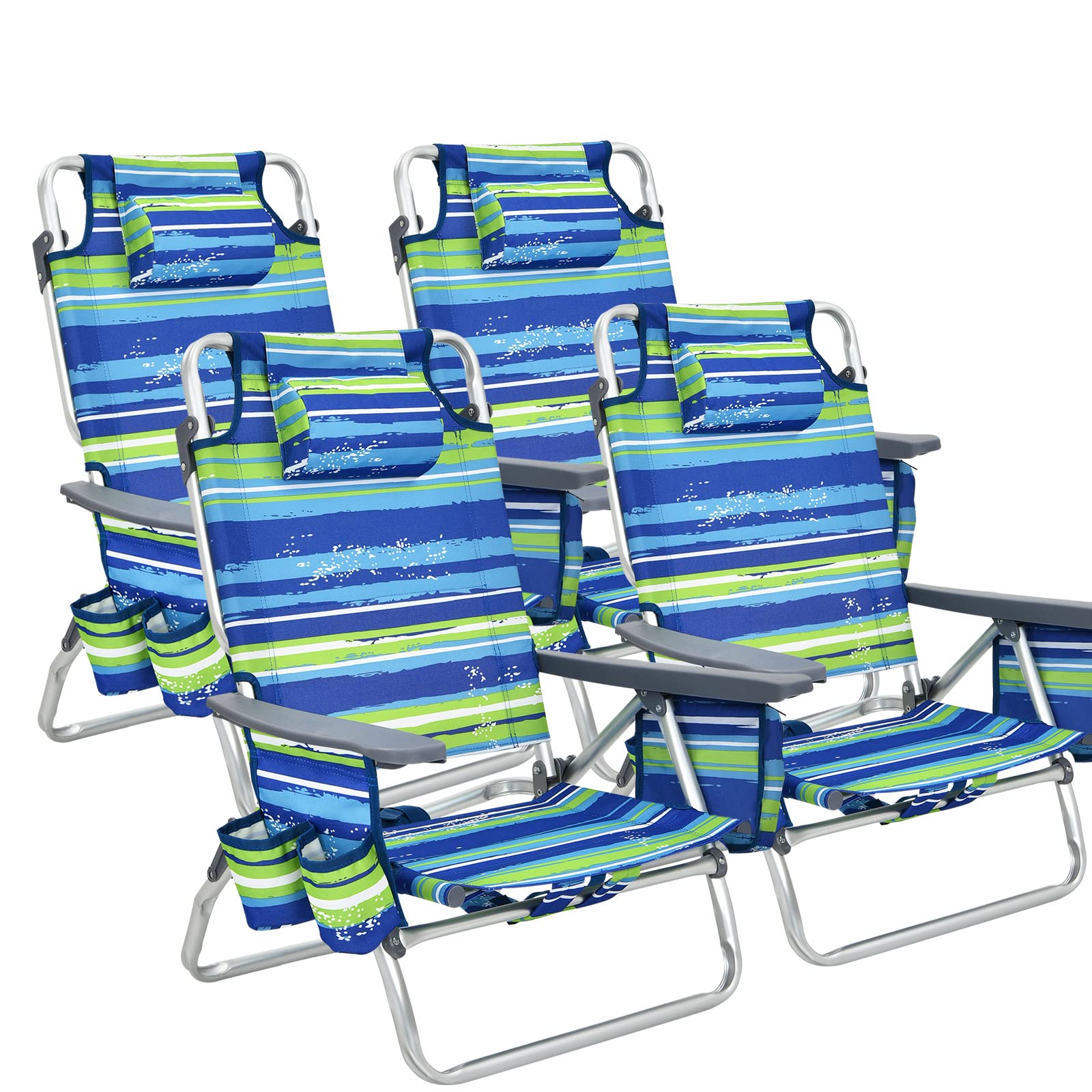 Goplus Folding Beach Chair for Adults - 5 Position Adjustable with Head Pillow, Cooler Bag, Towel Bar & Cup Holders - Portable Backpack Design for Sunbathing, Tanning, Camping & Outdoor Relaxation