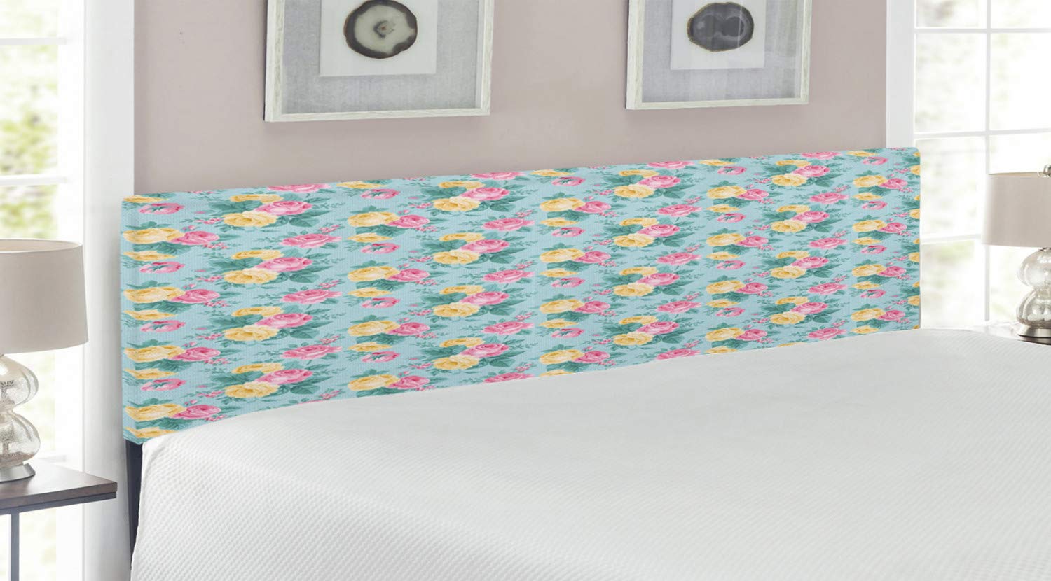 Ambesonne Shabby Floral Headboard - Colorful Roses & Summer Leaves Upholstered Metal Bed Frame with Memory Foam, King Size in Turquoise & Pale Pink - Perfect for Master Bedrooms, Guest Rooms & Bridal Suites