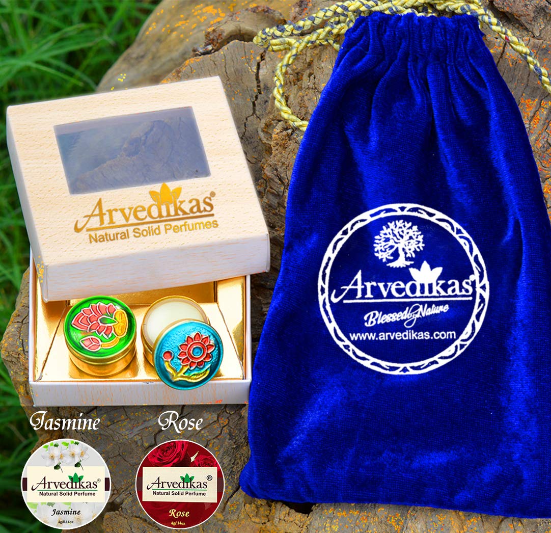 2-Piece Arvedikas Natural Solid Perfume Set - Jasmine & Rose Scented Cologne Body Musk in Mini Brass Jars (4g Each) | Essential Oil & Beeswax Blends | Pocket-Size Long-Lasting Perfume with Free Velvet Pouch | Perfect for Travel, Gifts & Daily Fragrance
