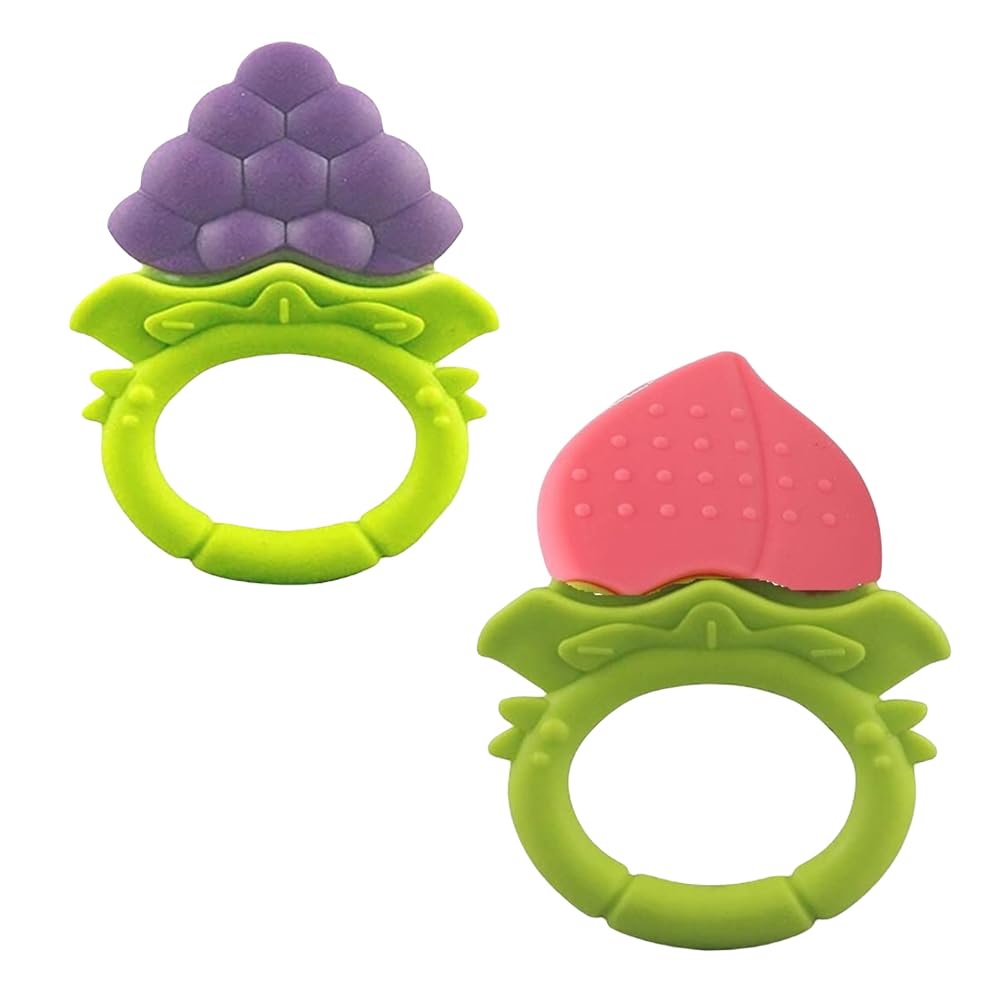 Joy Buzz Fruit Teether - BPA-Free Silicone Baby Teething Toy for 0-12 Months | Safe Gum Relief for Infants | Blue & Peach Fruit-Shaped Pacifier - Perfect for Soothing Sore Gums at Home & On-the-Go